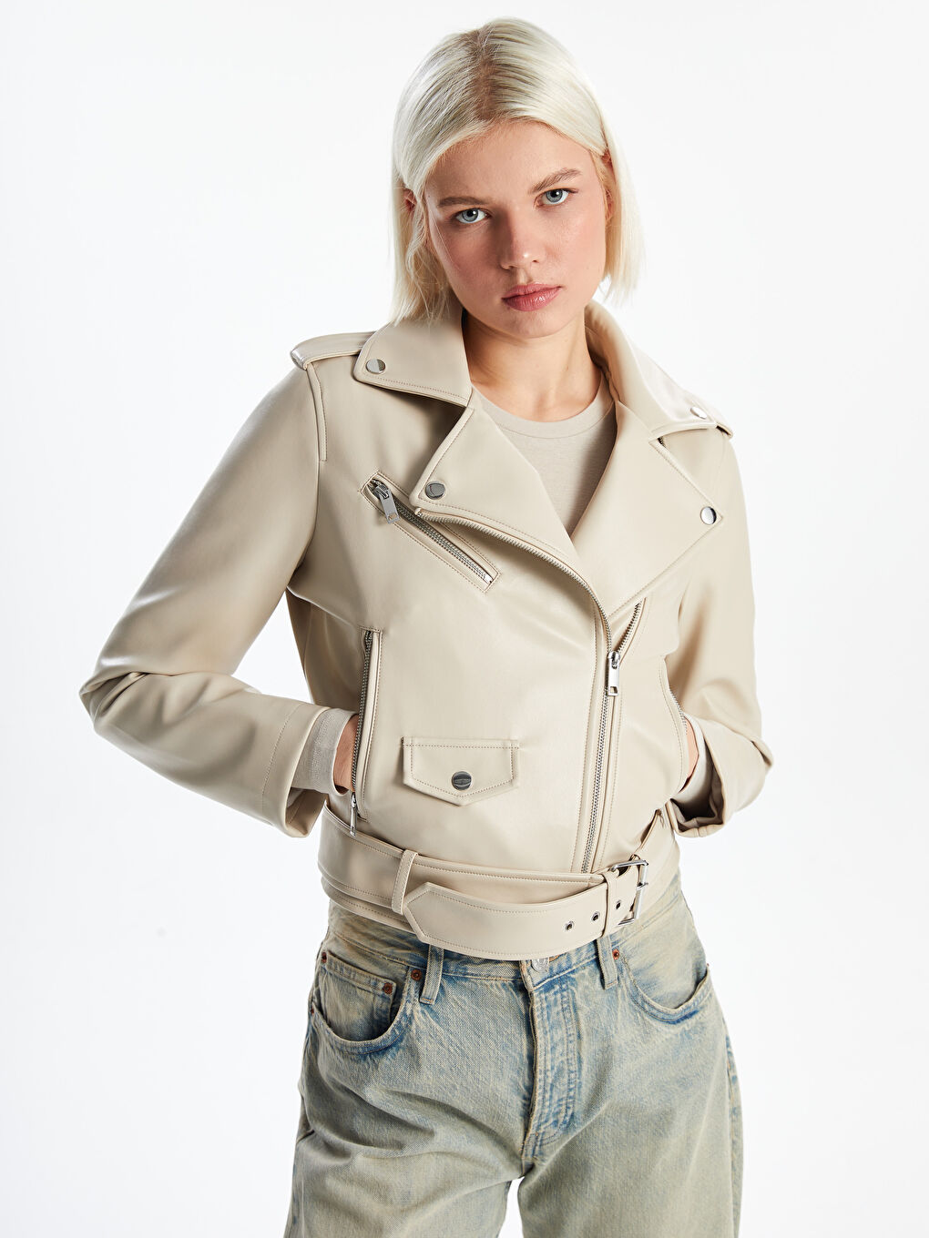 Biker Collar Women's Leather Look Jacket -S56071Z8-R9J