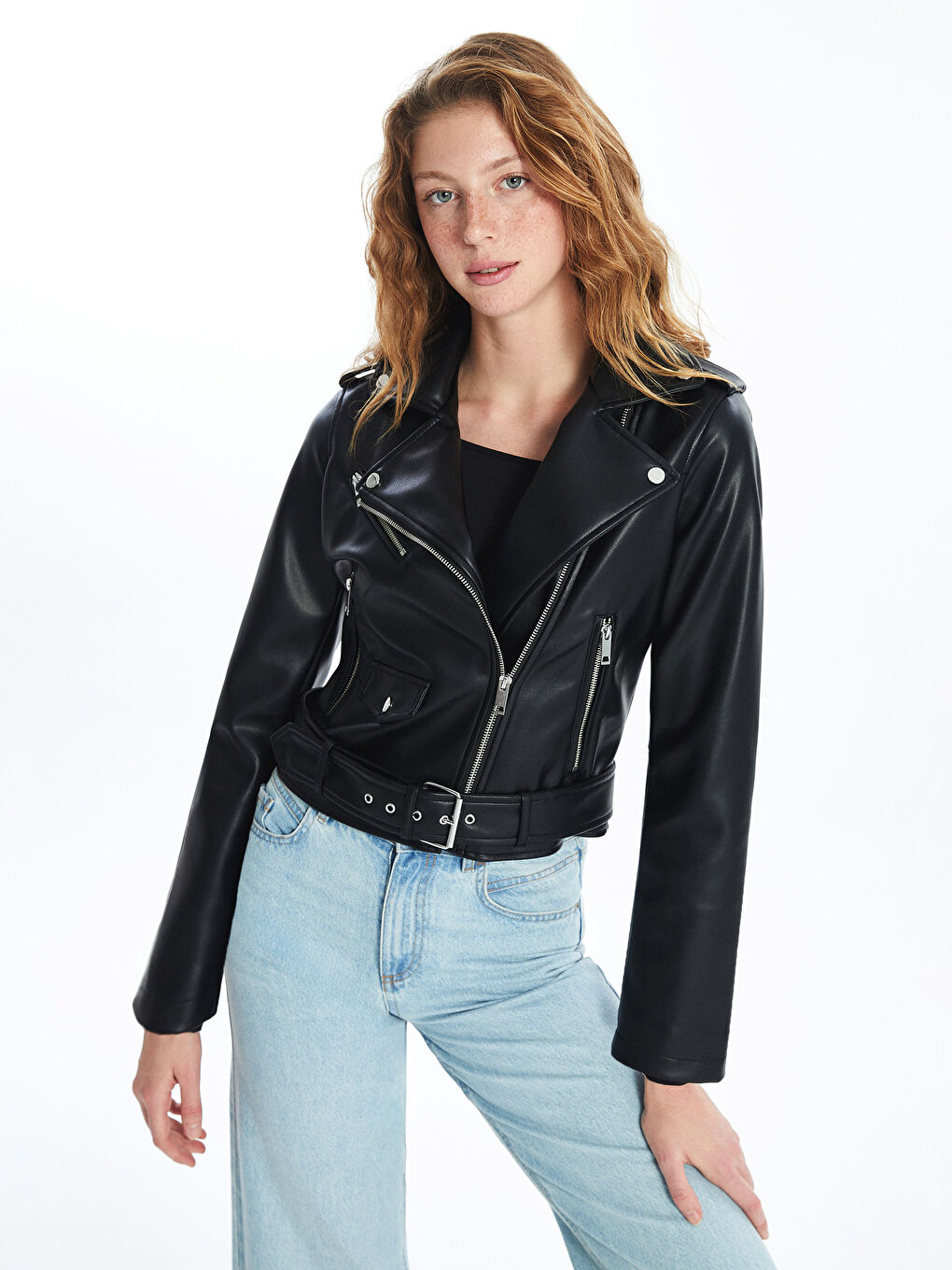 Biker Neck Women's Faux Leather Jacket -S56073Z8-CVL