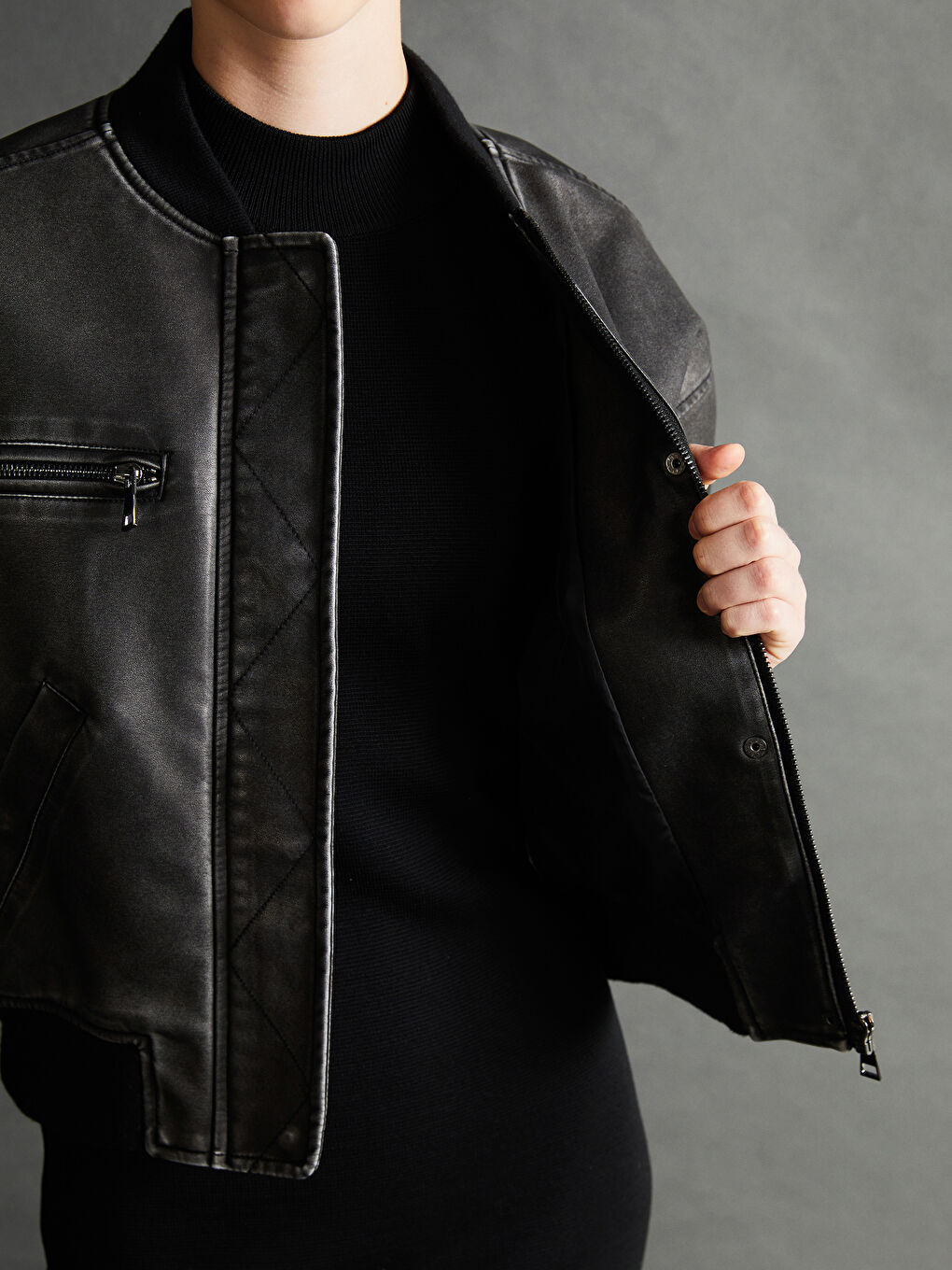 Куртка из искусственной кожи с воротником колледж для женщин-2