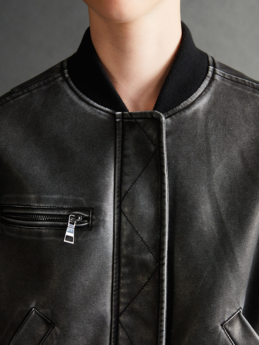 Women's Collegiate Neck Plain Leather-Look Jacket -S56076Z8-CVL