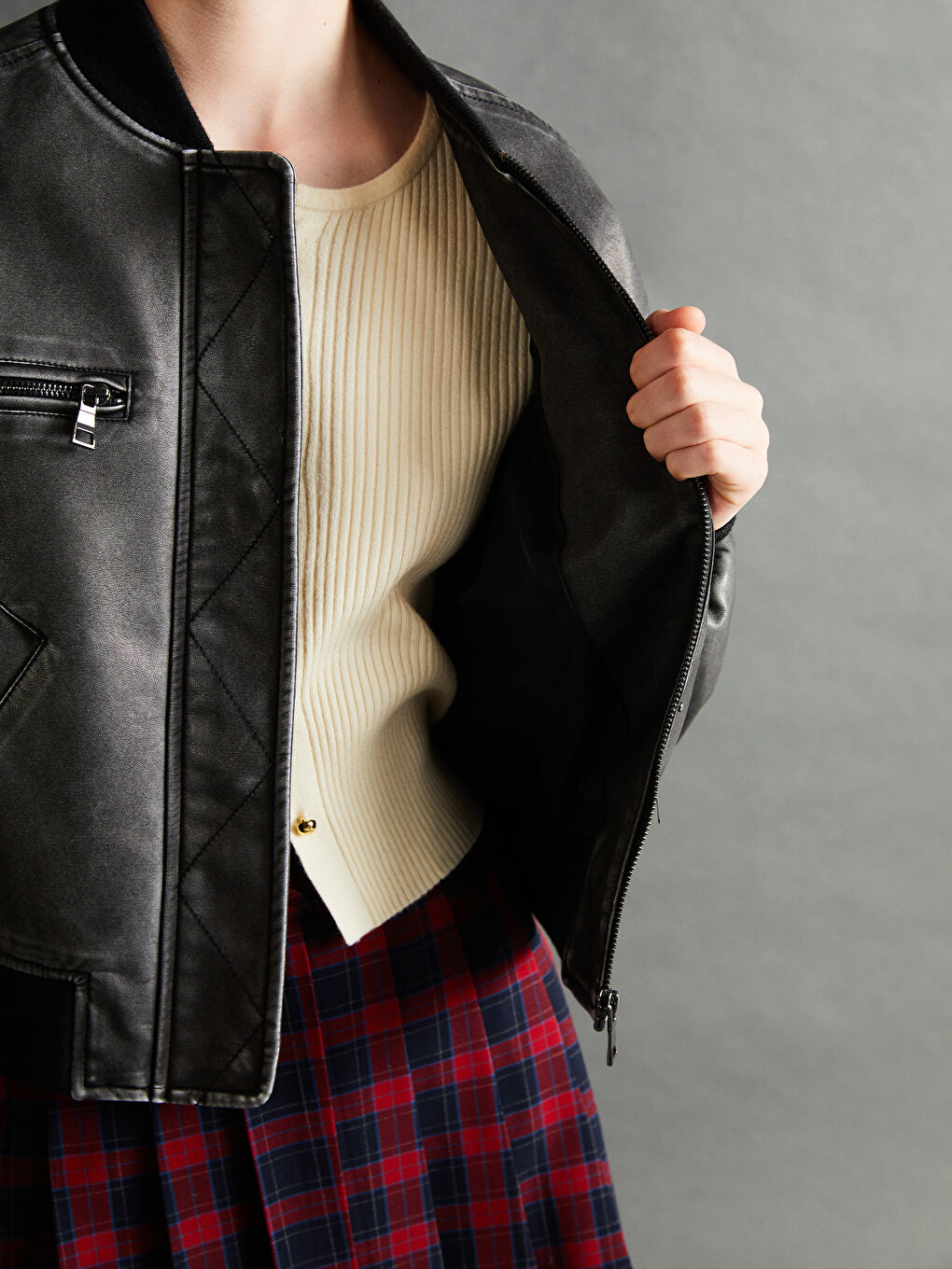 Women's Collegiate Neck Plain Leather-Look Jacket -S56076Z8-CVL