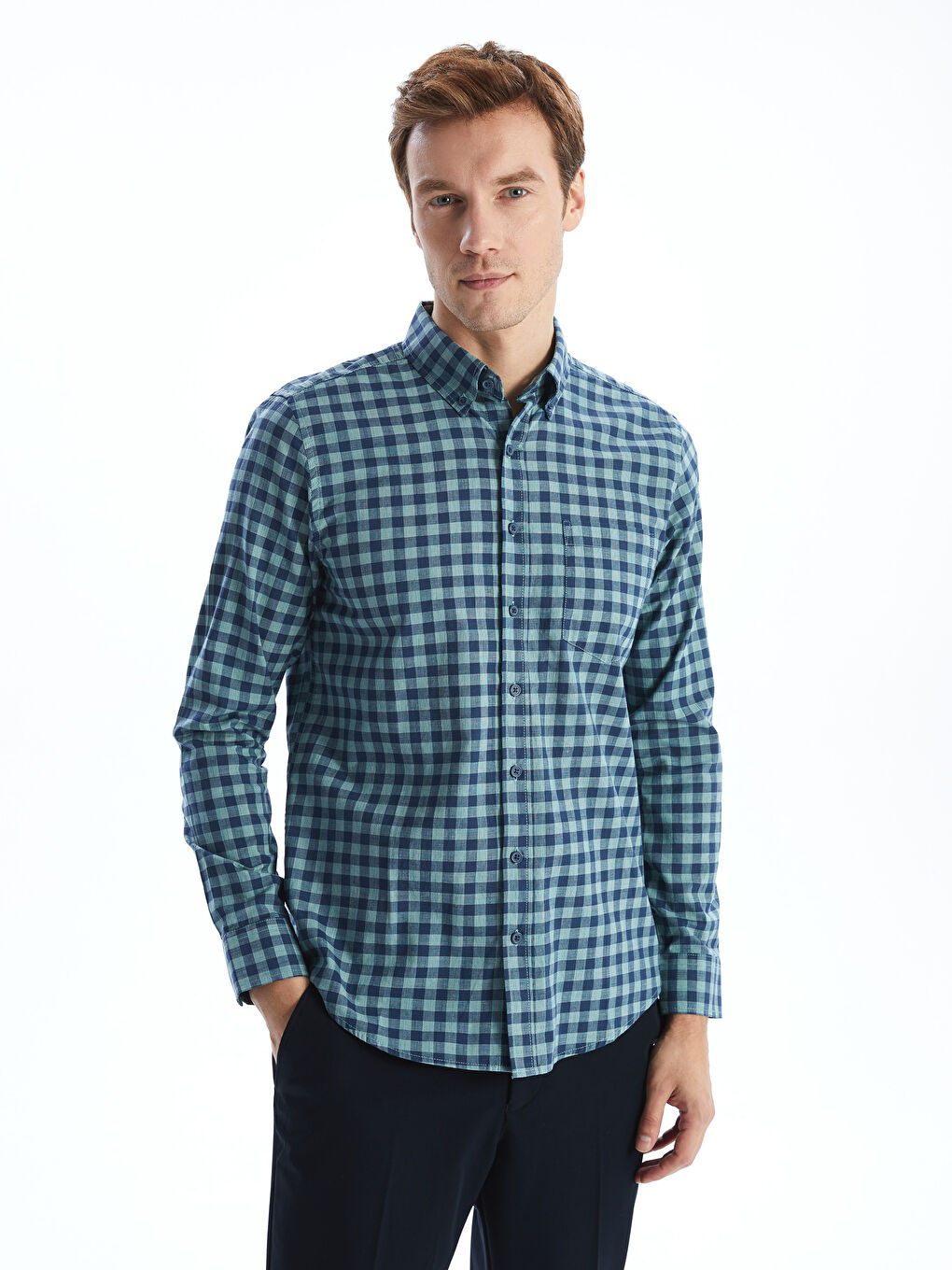 Regular Fit Long Sleeve Plaid Poplin Men's Shirt -S56077Z8-LME