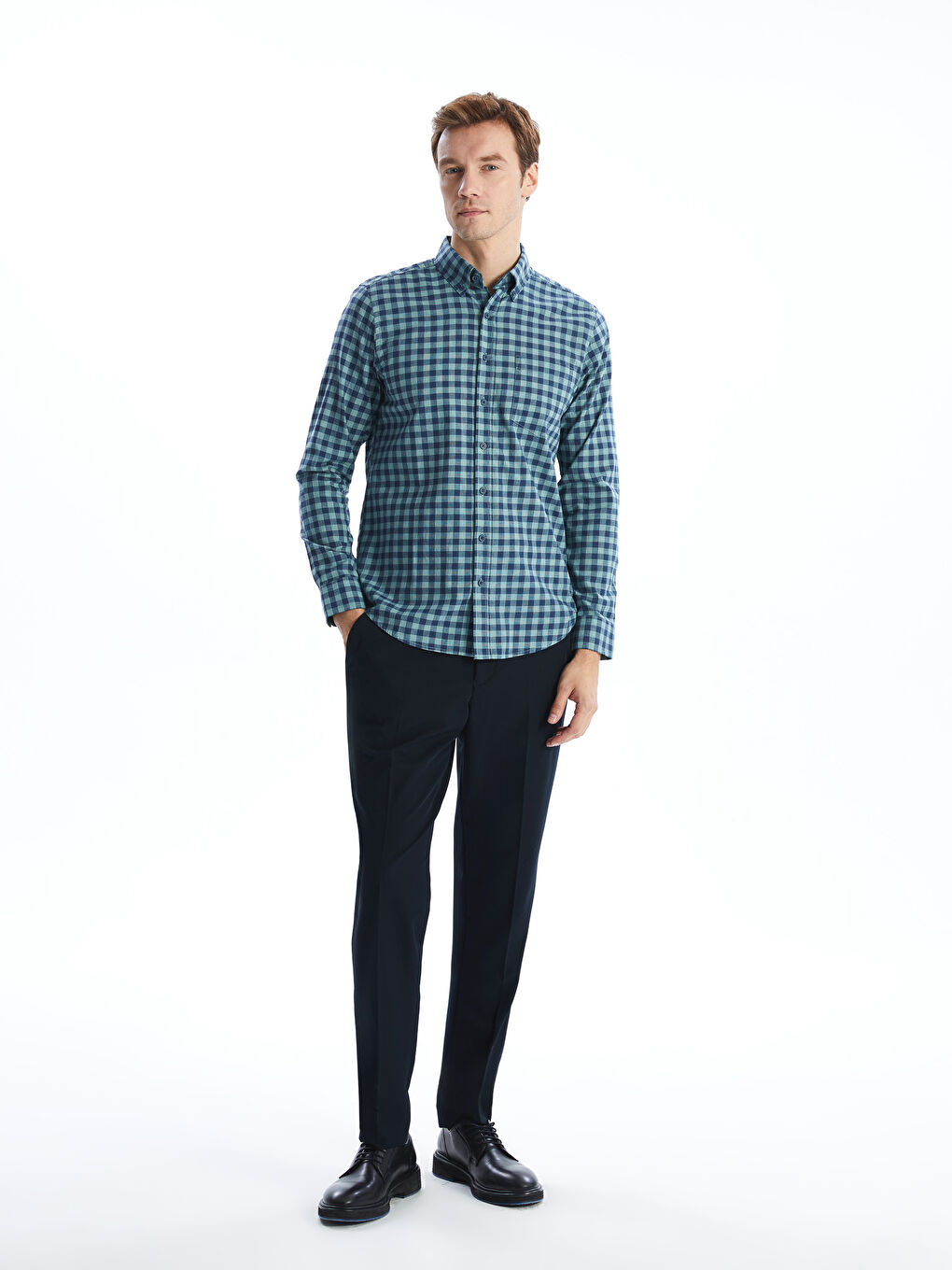Regular Fit Long Sleeve Plaid Poplin Men's Shirt -S56077Z8-LME