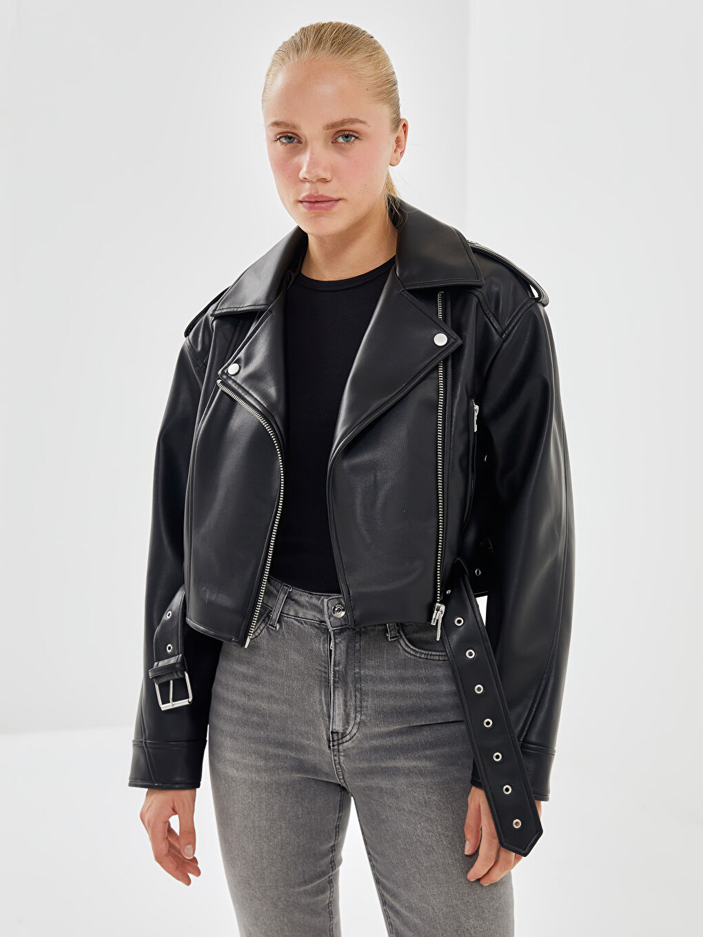 Biker Neck Women's Faux Leather Jacket -S56079Z8-CVL