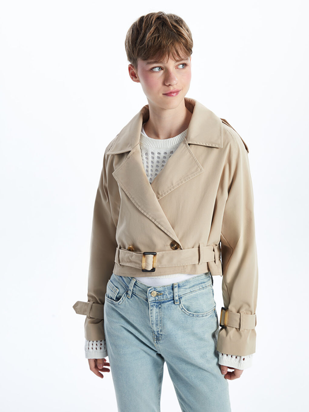 Collared Neck Crop Women's Trenchcoat -S56098Z8-Y0T