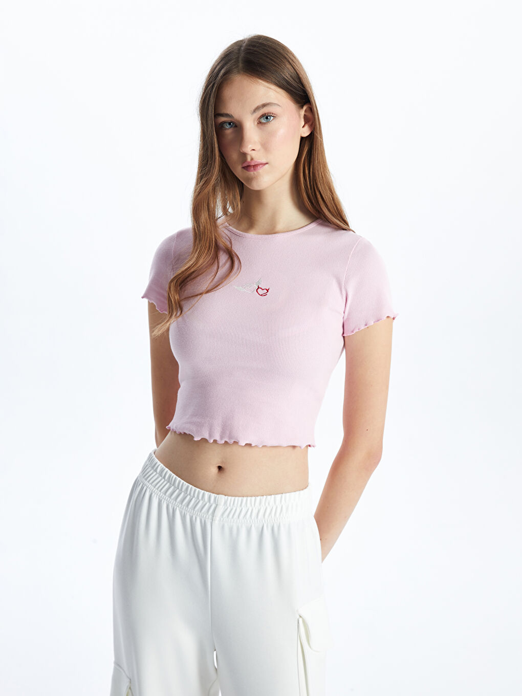 Crew Neck Embroidered Women's Crop Top -S56106Z8-SKB
