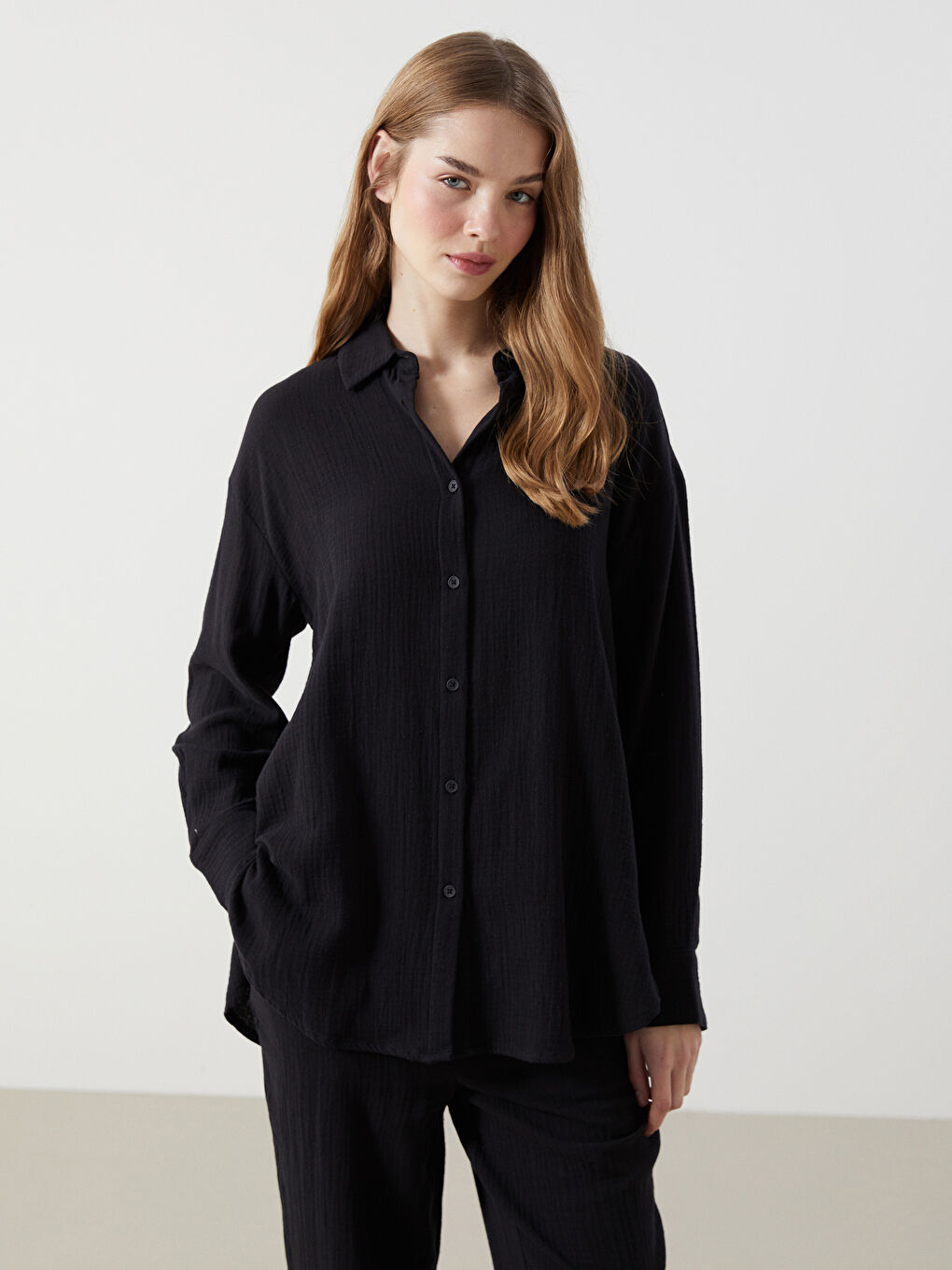 Oversize Textured Women's Shirt -S56116Z8-CVL