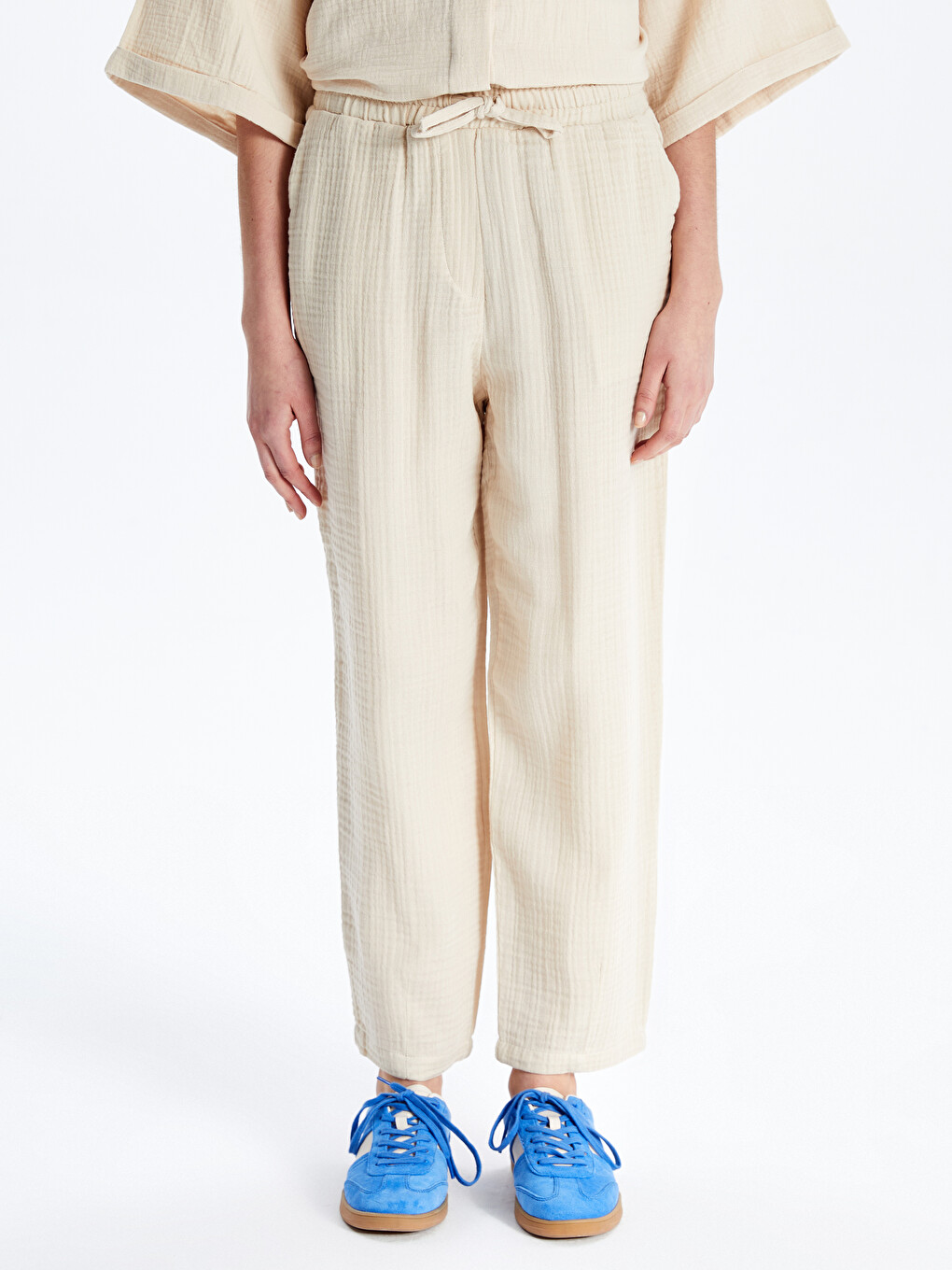 Elastic Waist Plain Muslin Women's Trousers-1