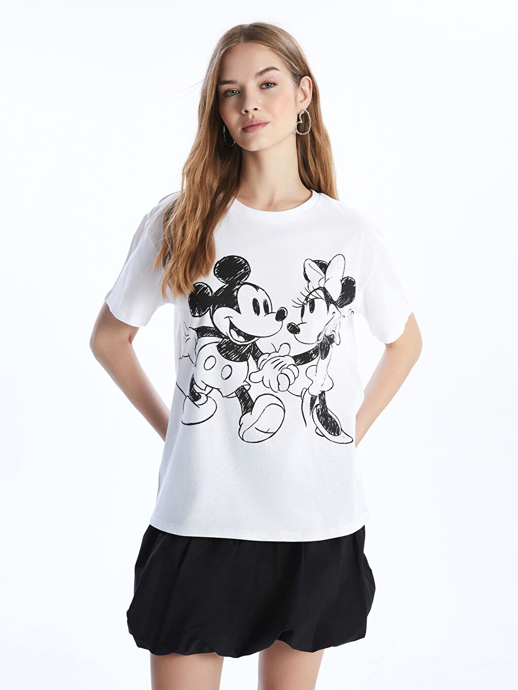 Crew Neck Mickey and Minnie Mouse Printed Women's T-Shirt -S56159Z8-Q6K