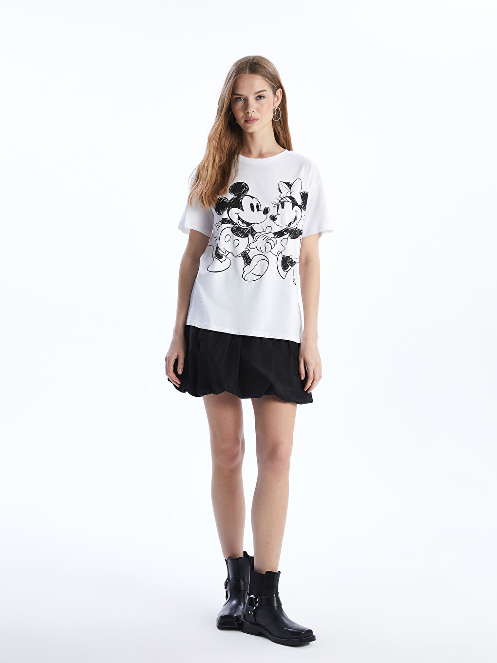 Crew Neck Mickey and Minnie Mouse Printed Women's T-Shirt -S56159Z8-Q6K