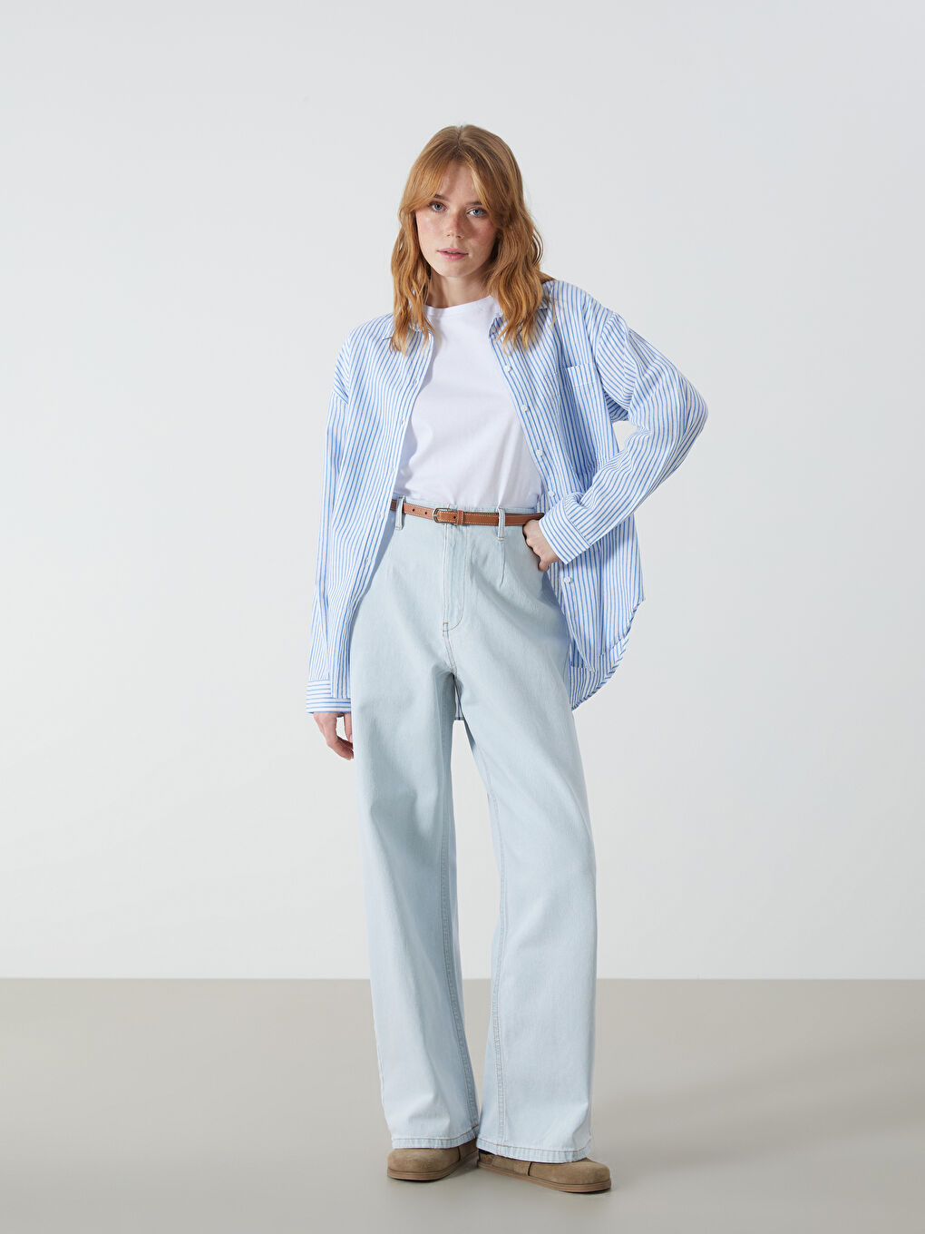 High Waisted Belted Wideleg Women's Jeans -S56170Z8-F1P
