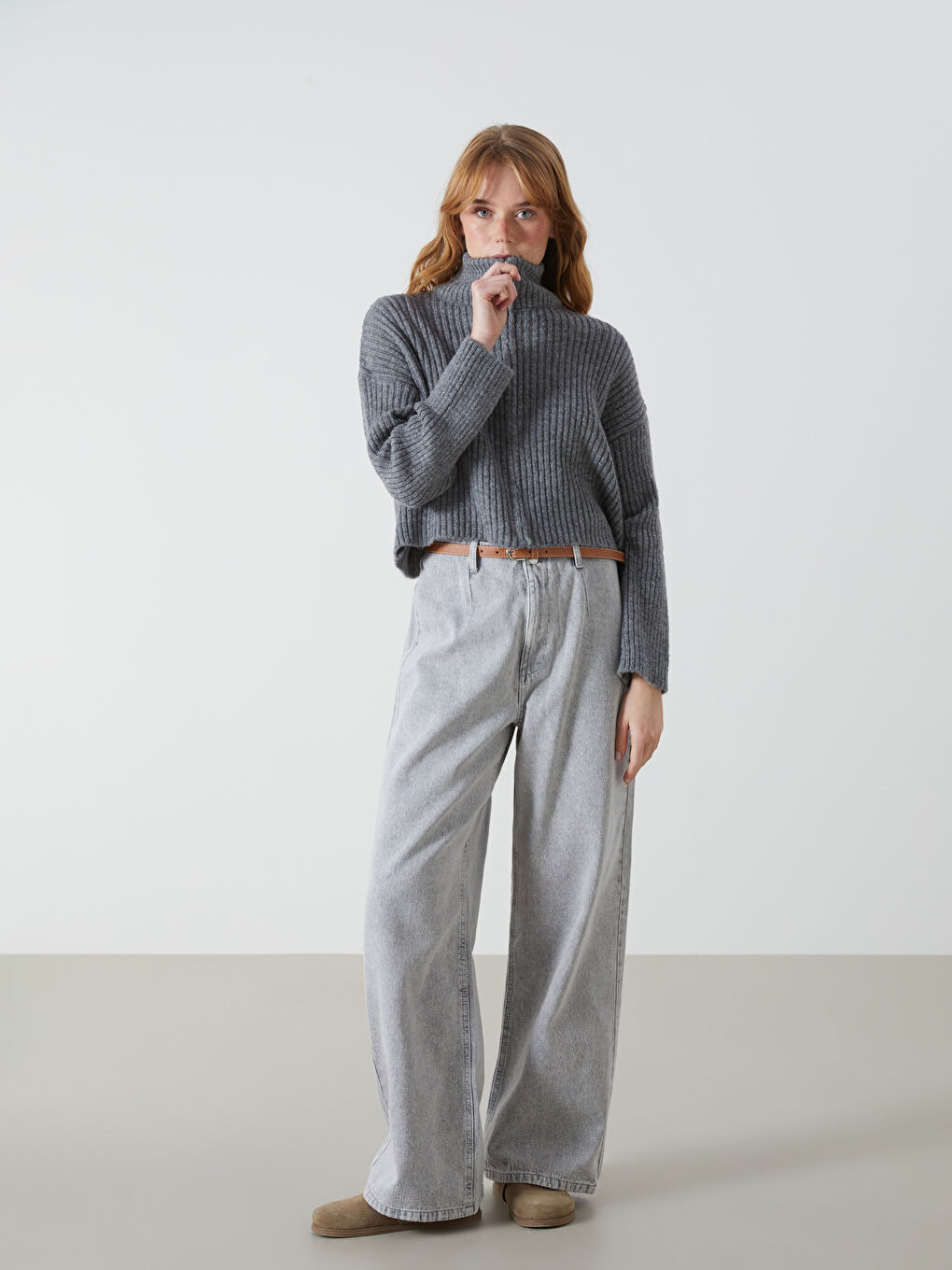 High Waisted Belted Wideleg Women's Jeans -S56170Z8-KAV