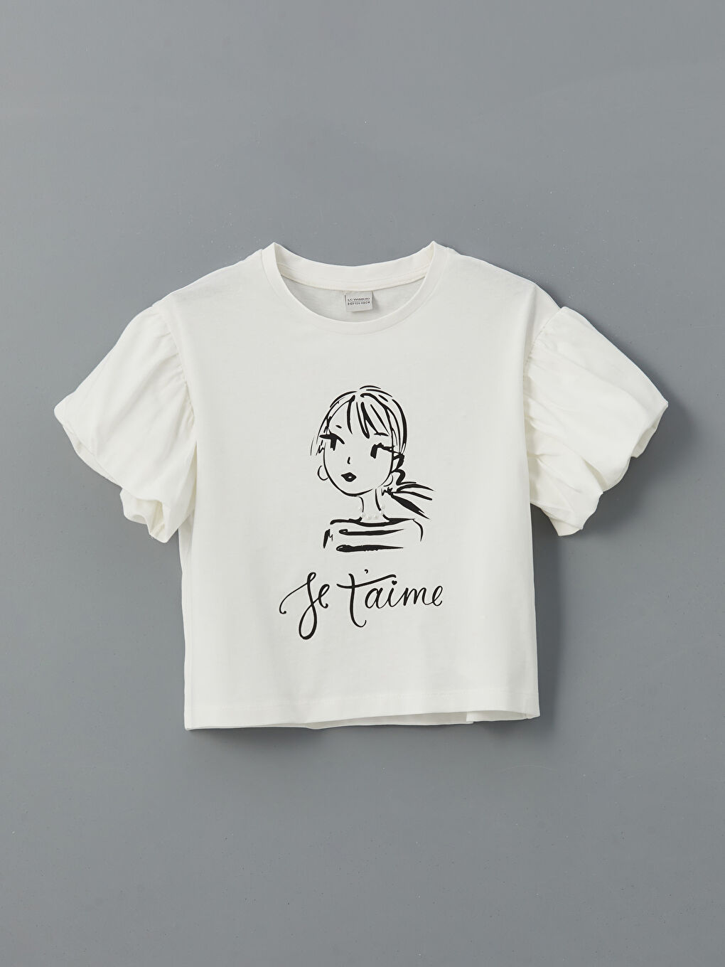 Ekru Bisiklet Yaka İnci Detaylı Kız Çocuk Tişört