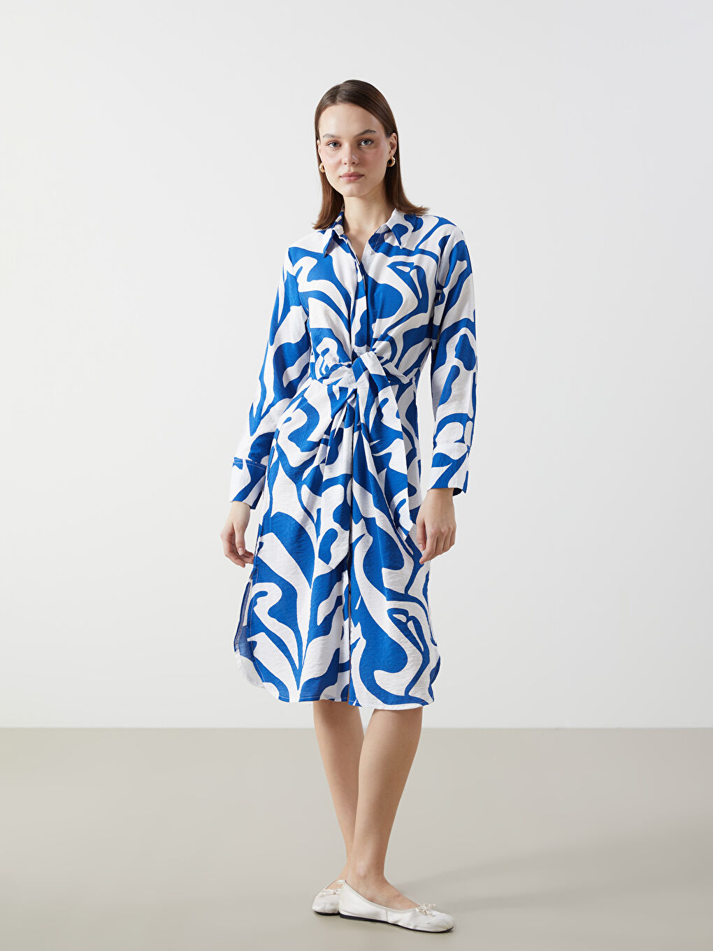 LCW Patterned Women's Midi Dress with Waist Tie -S56381Z8-LQQ