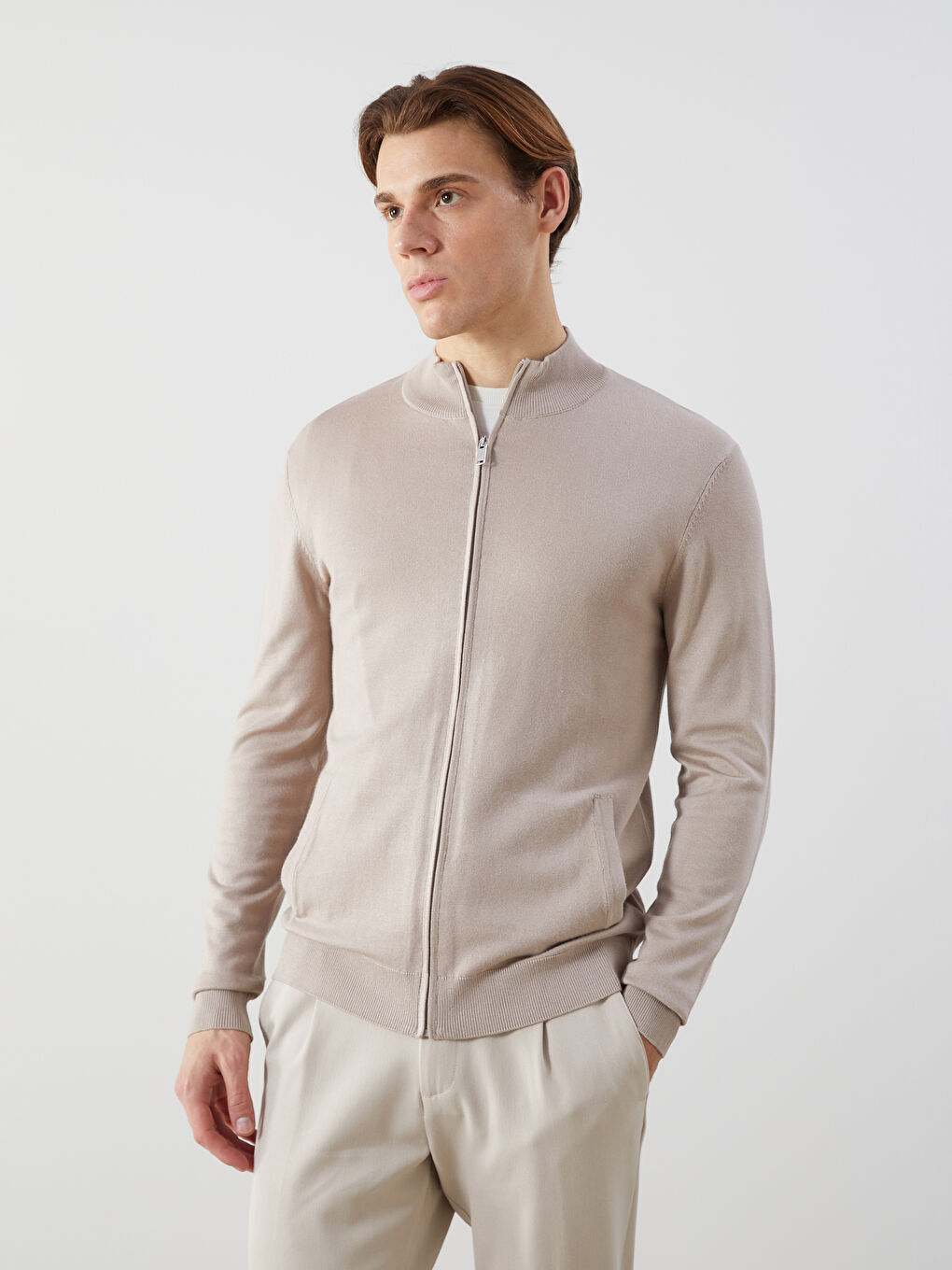 Regular Fit Funnel Neck Men's Knit Cardigan -S56442Z8-FF5
