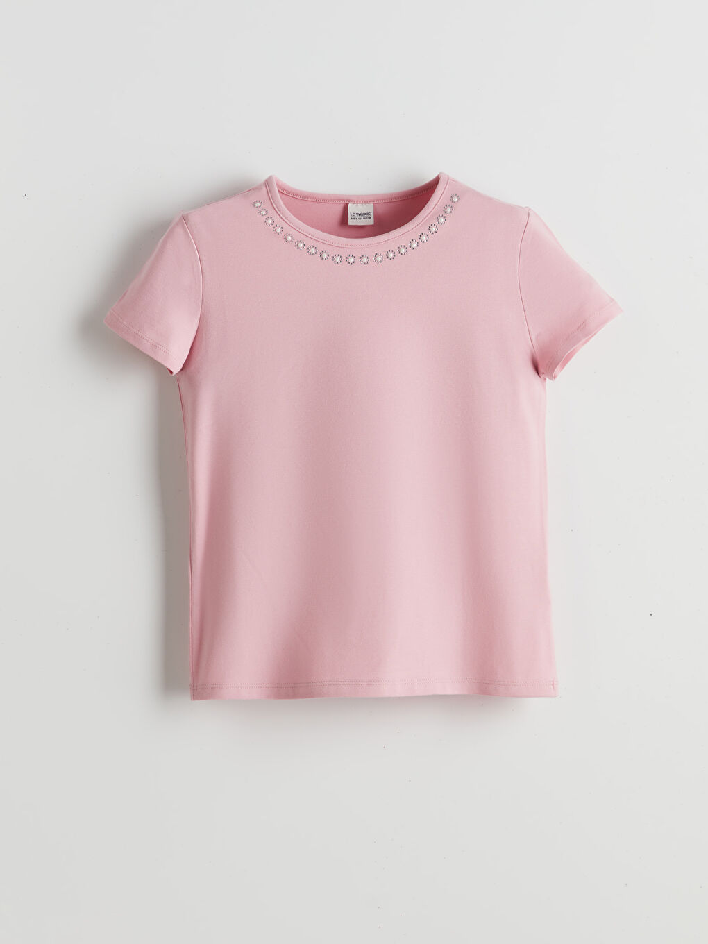 LCW Kids Pembe Bisiklet Yaka Taşlı Kız Çocuk Tişört