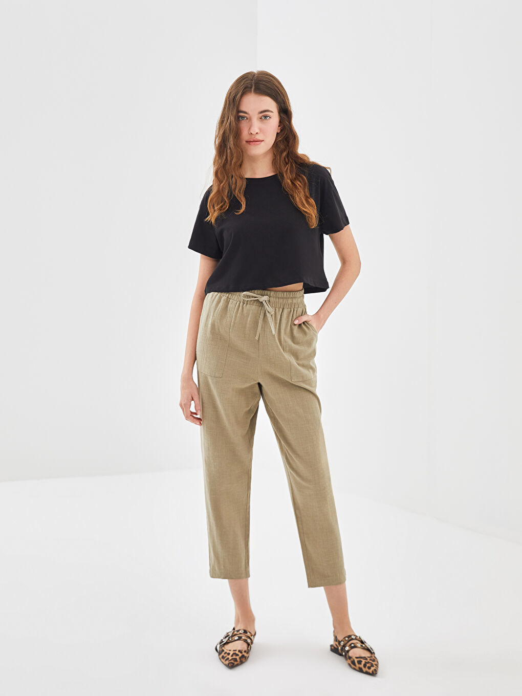 Elasticated Waist Plain Linen-Look Women's Trousers -S56544Z8-JK3