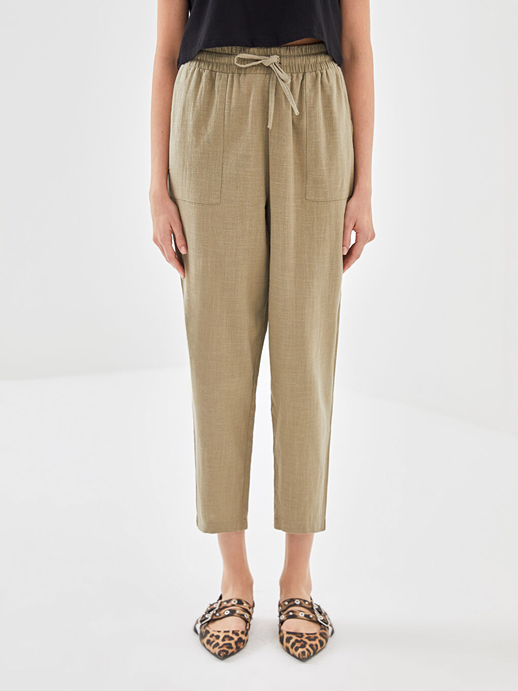 Elasticated Waist Plain Linen-Look Women's Trousers -S56544Z8-JK3
