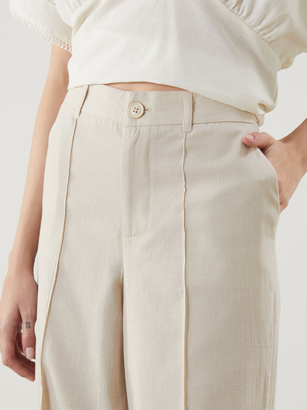 Bej Keten Karışımlı Kadın Pileli Pantolon-2