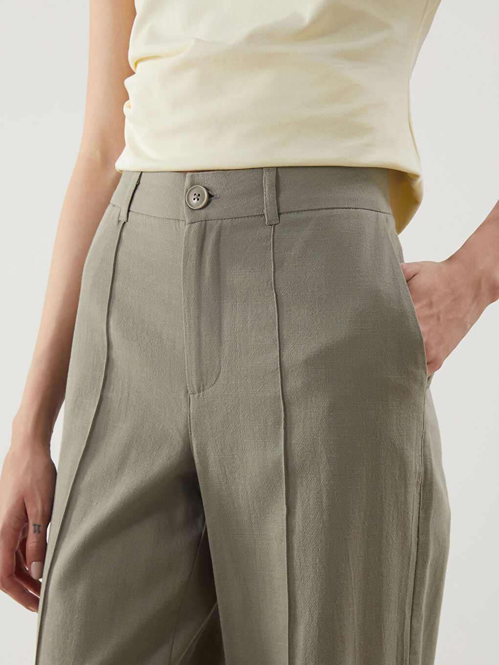 Haki Keten Karışımlı Kadın Pileli Pantolon-2