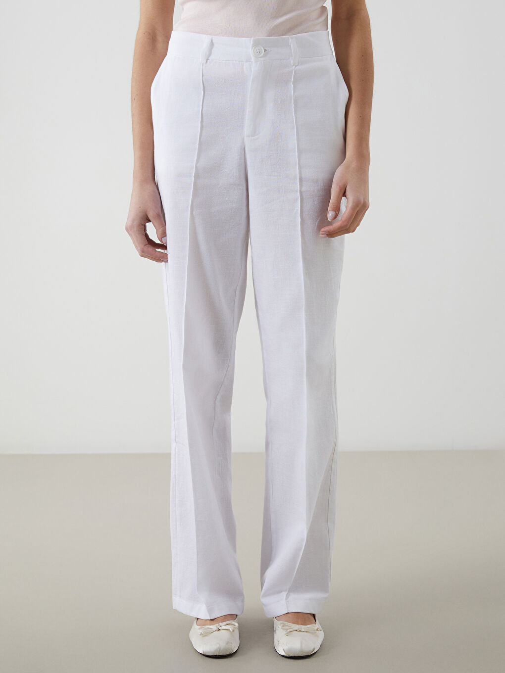Ekru Keten Karışımlı Kadın Pileli Pantolon-1