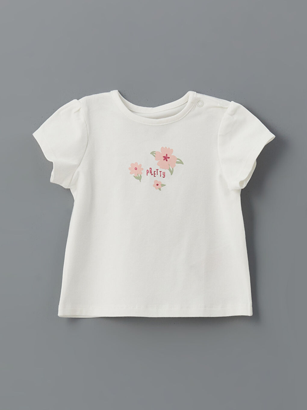 Ekru Bisiklet Yaka Baskılı Kız Bebek Tişört