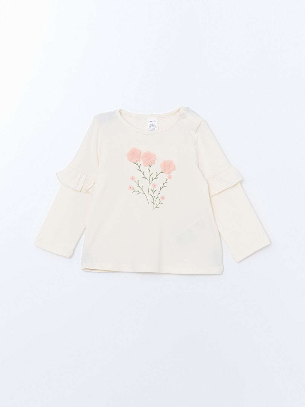 Ekru Bisiklet Yaka Çiçekli Kız Bebek Tişört