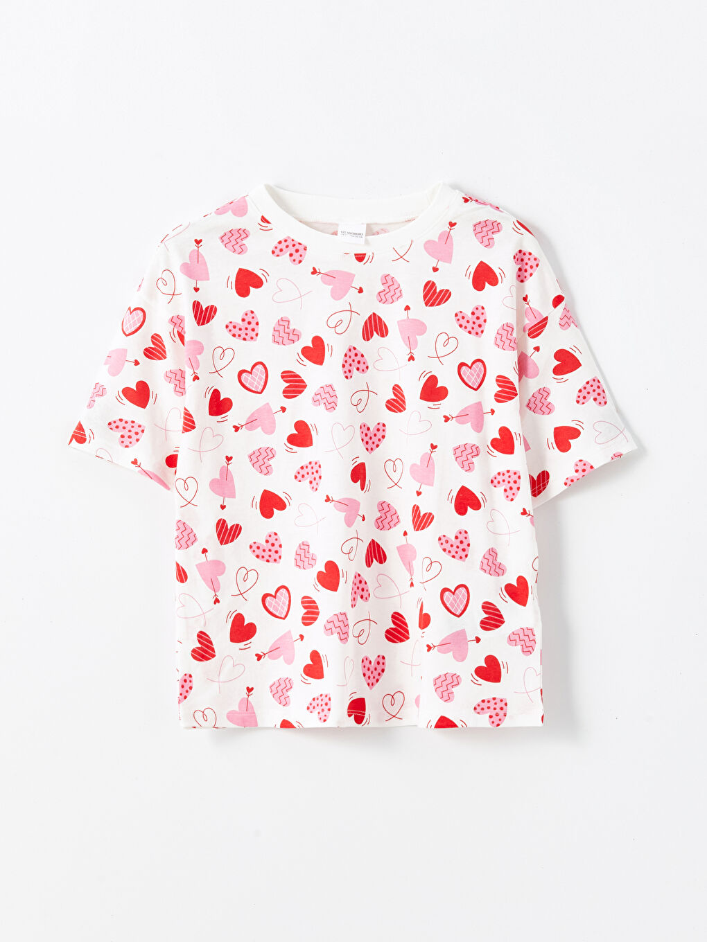 Ekru Bisiklet Yaka Kalp Baskılı Kız Çocuk Pijama Üst