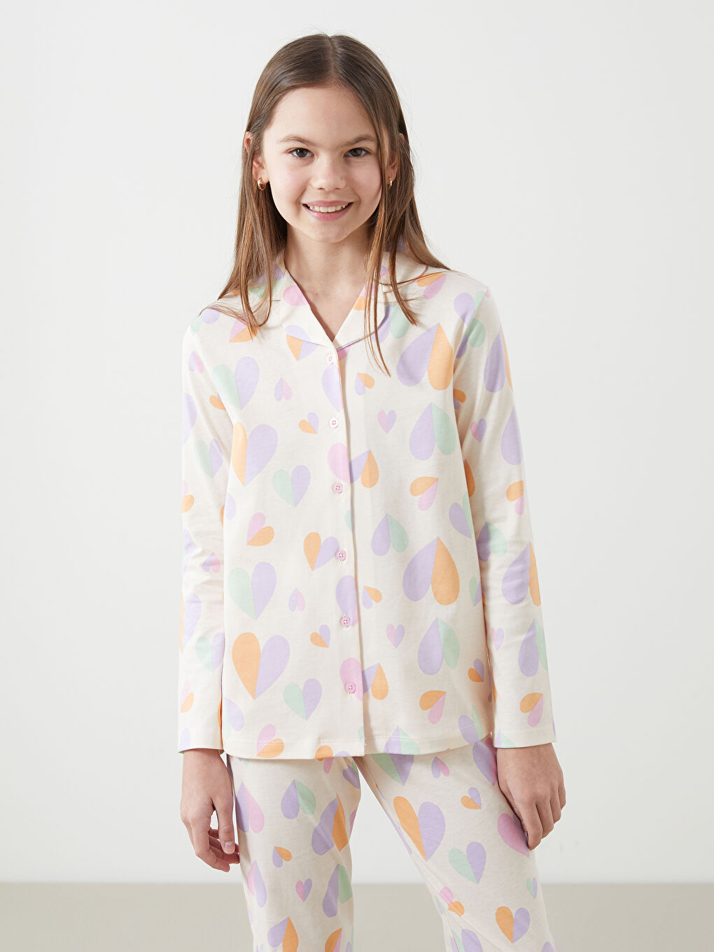 LCW Kids Bej Gömlek Yaka Kız Çocuk Pijama Takımı
