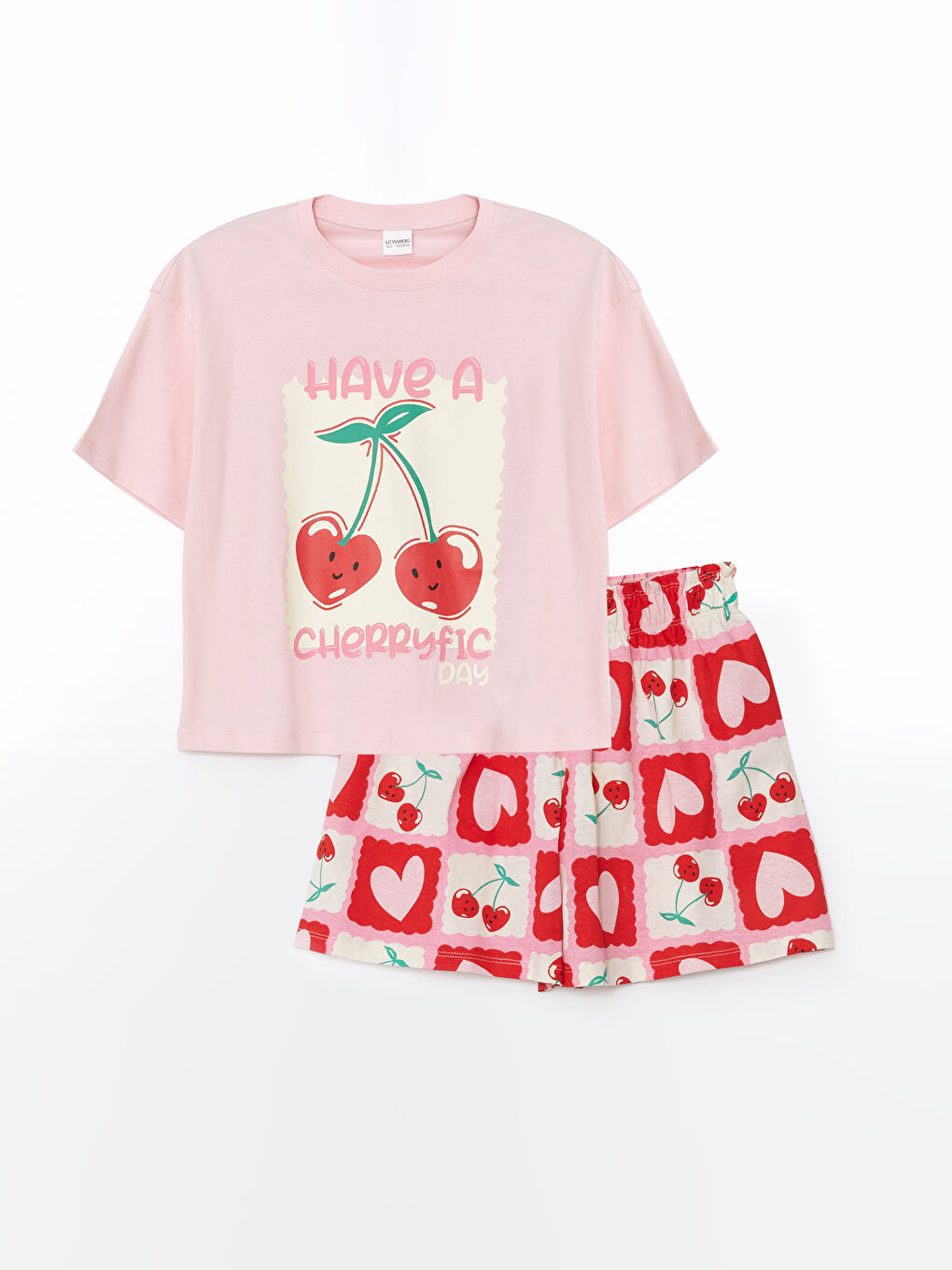 LCW Kids Pembe Bisiklet Yaka Kız Çocuk Şortlu Pijama Takımı