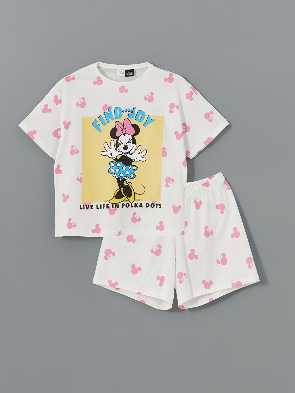 LCW Kids Beyaz Bisiklet Yaka Minnie Mouse Baskılı Kız Çocuk Şortlu Pijama Takımı