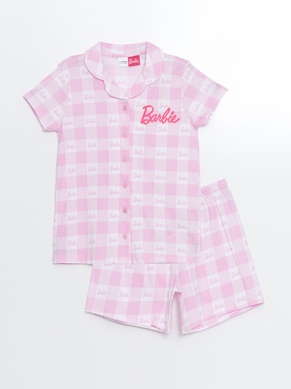 LCW Kids Beyaz Gömlek Yaka Barbie Baskılı Kız Çocuk Şortlu Pijama Takımı