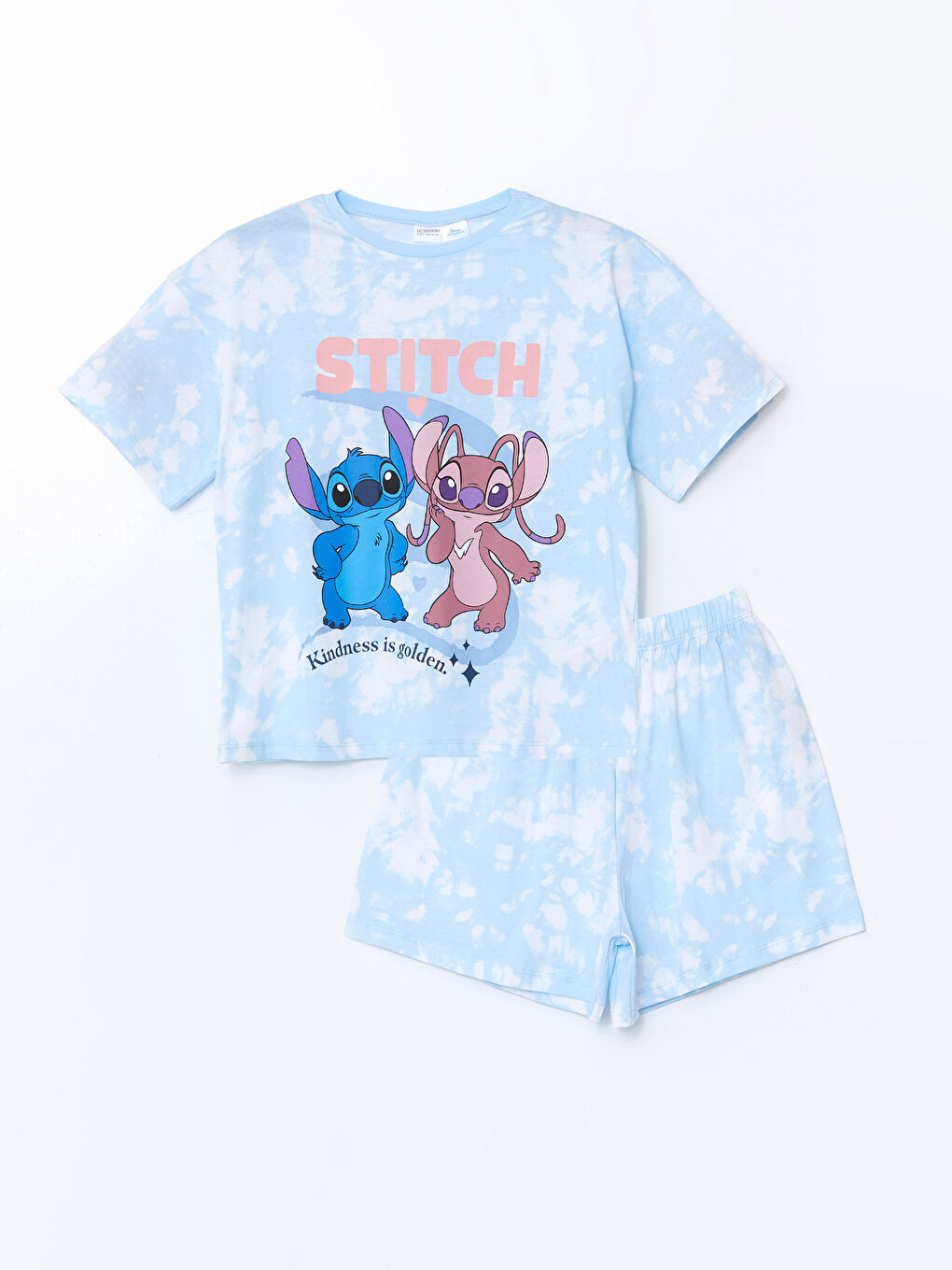 LCW Kids Mavi Bisiklet Yaka Lilo ve Stitch Baskılı Kız Çocuk Şortlu Pijama Takımı