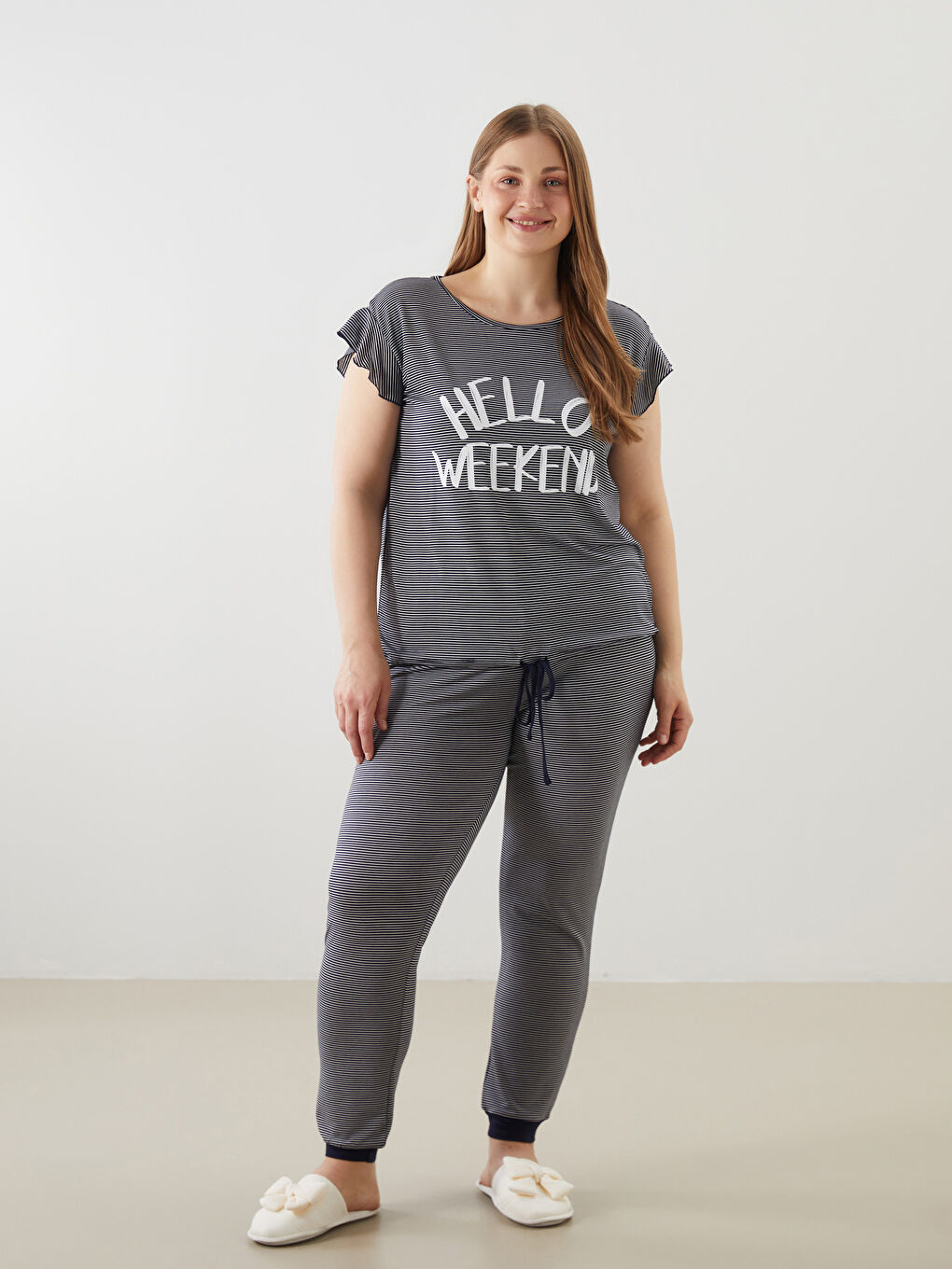 Crew Neck Striped Women's Pajamas Set -S56966Z8-LGS