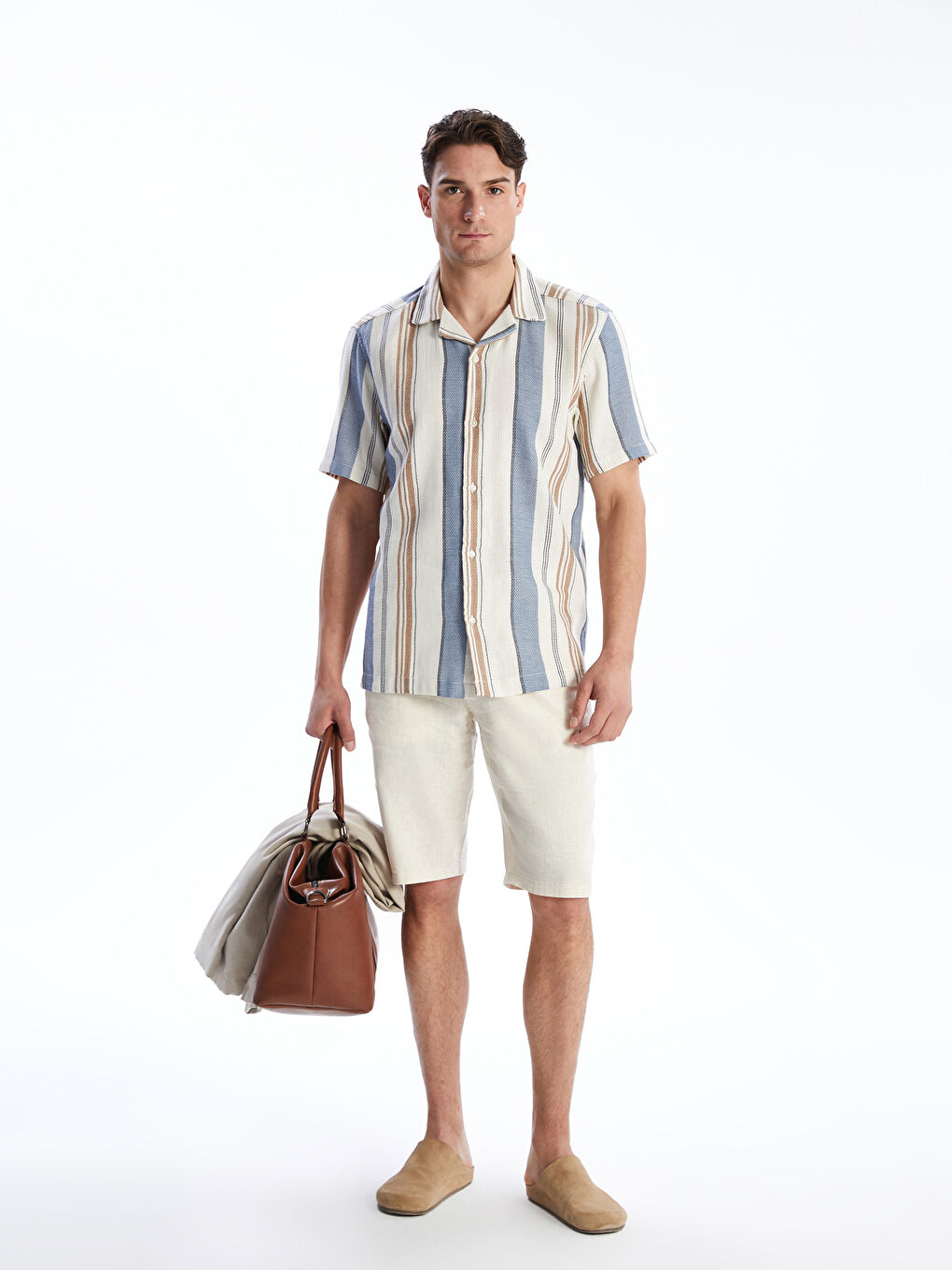 Ekru Regular Fit Kısa Kollu Çizgili Erkek Gömlek-1