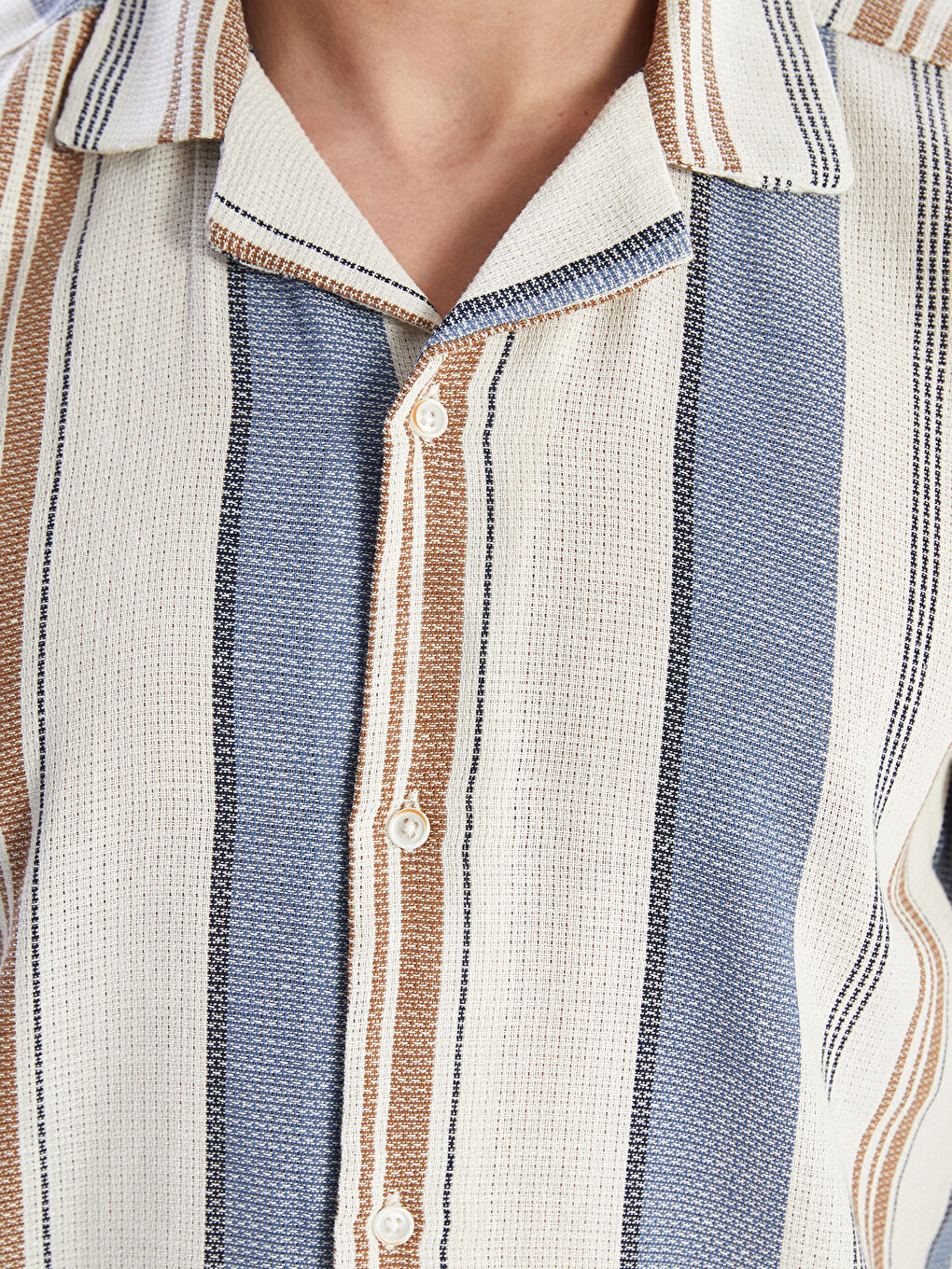 Ekru Regular Fit Kısa Kollu Çizgili Erkek Gömlek-2