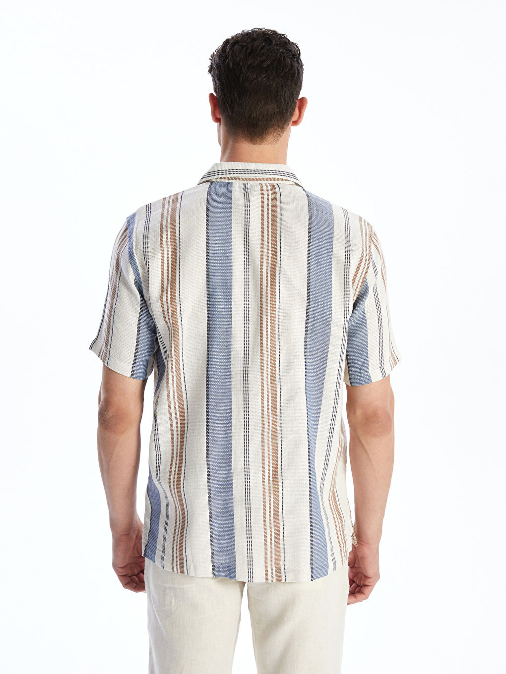 Ekru Regular Fit Kısa Kollu Çizgili Erkek Gömlek-3