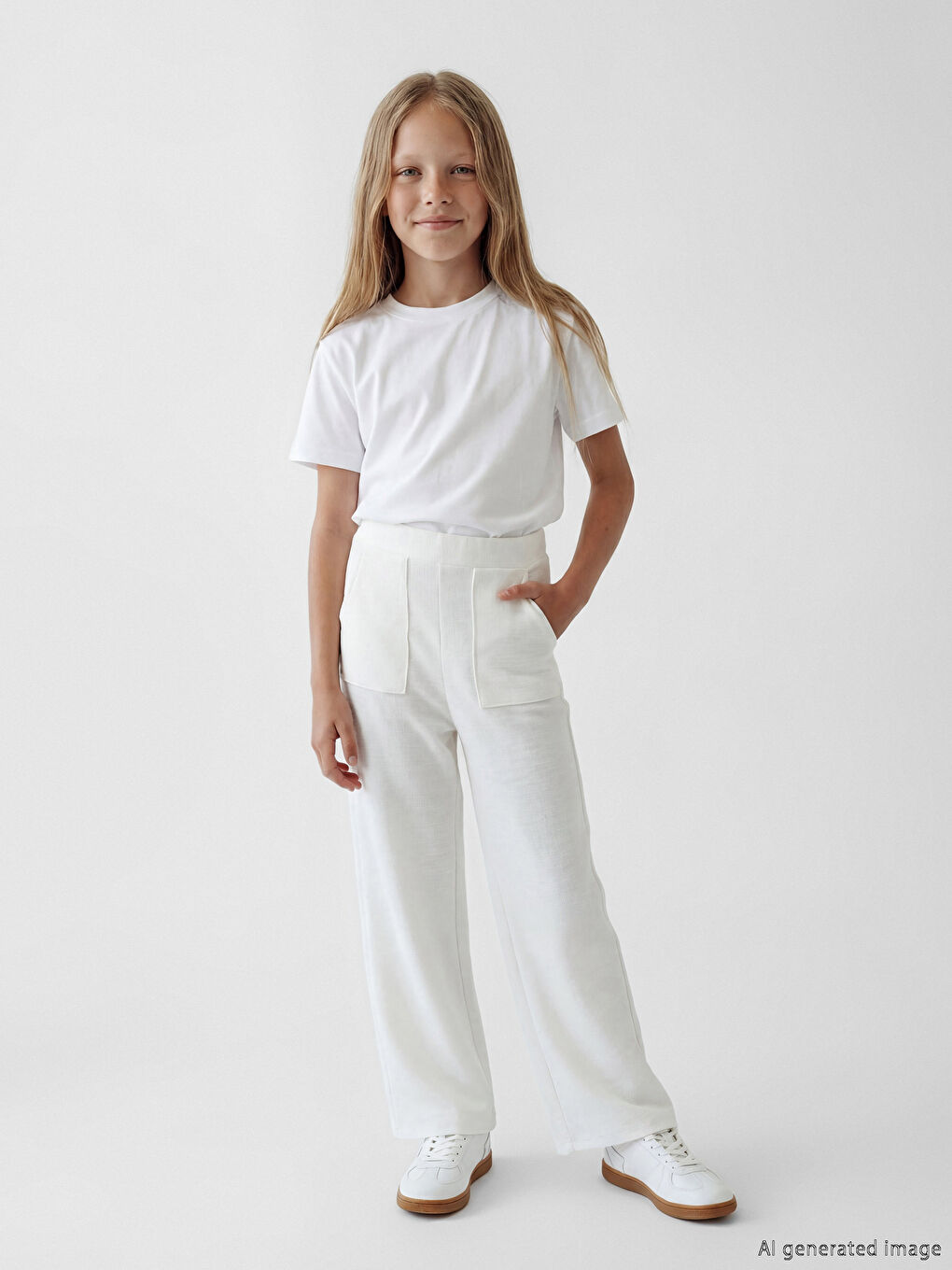 Ekru Beli Lastikli Kız Çocuk Tüvit Pantolon