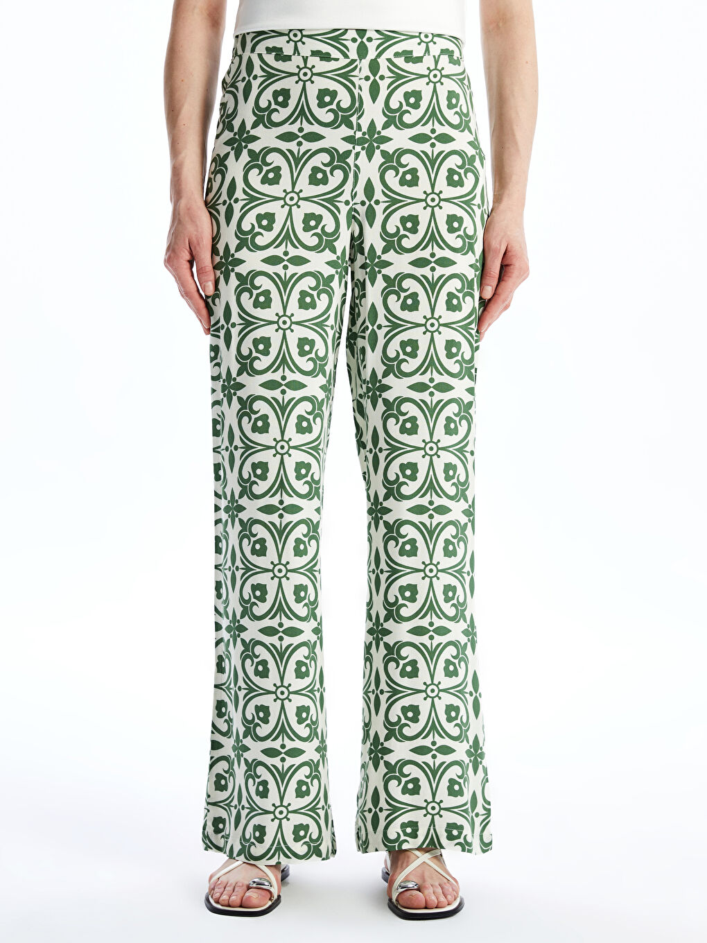 Elasticated Waist Patterned Wide Leg Women's Trousers-1