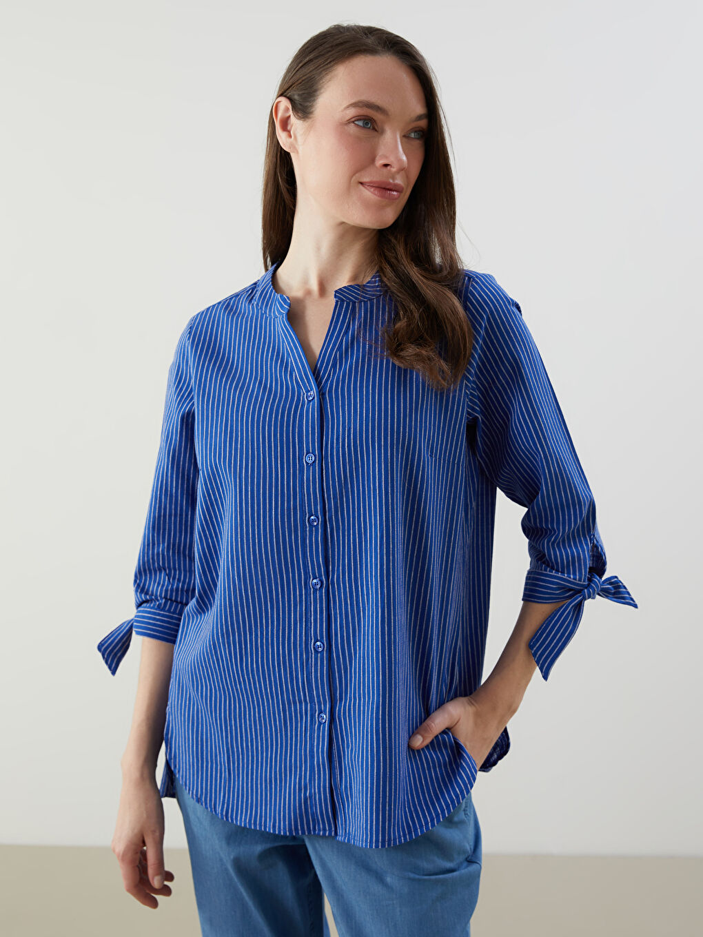 Mavi Çizgili Poplin Kadın Gömlek