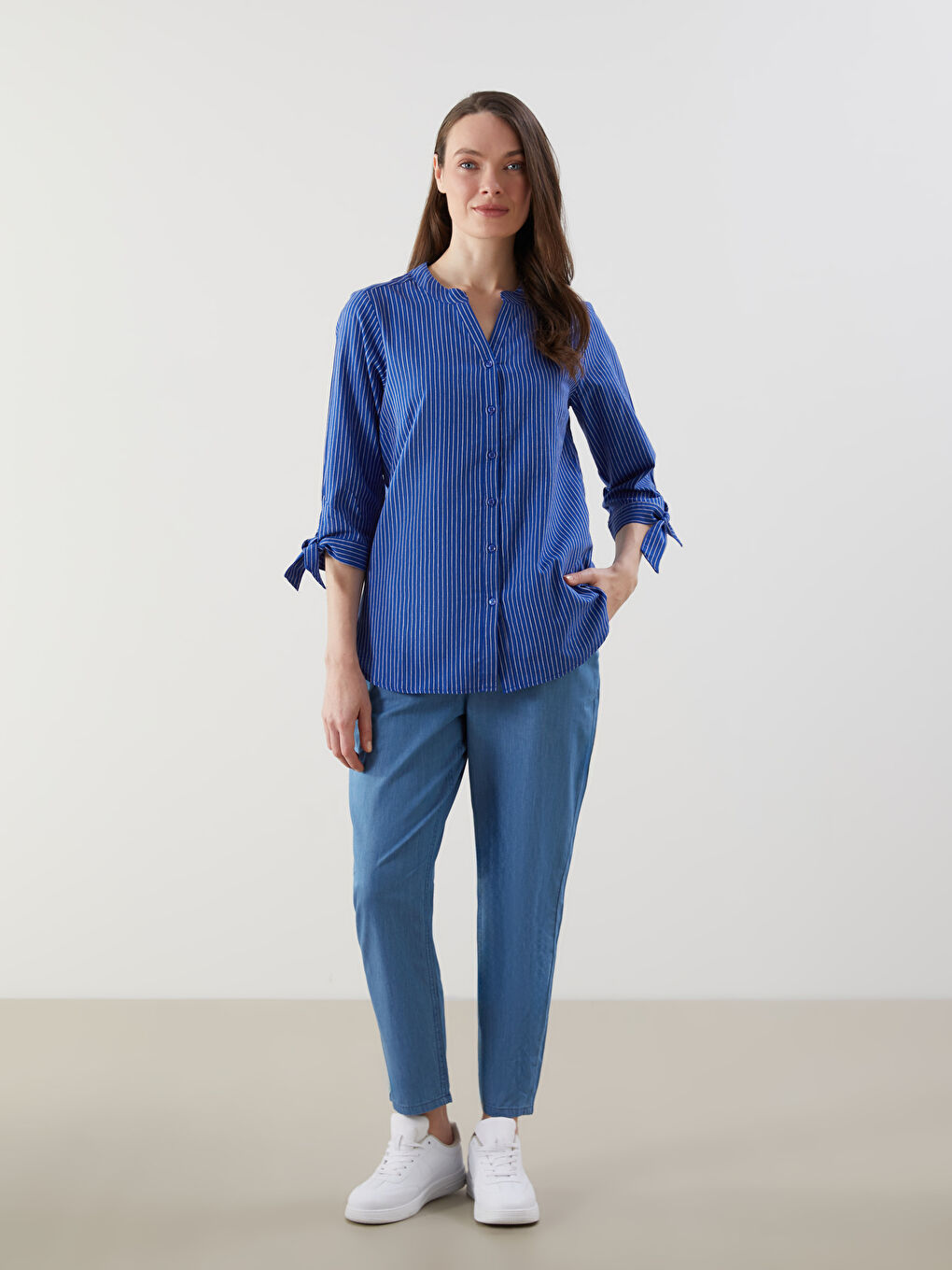 Mavi Çizgili Poplin Kadın Gömlek-1