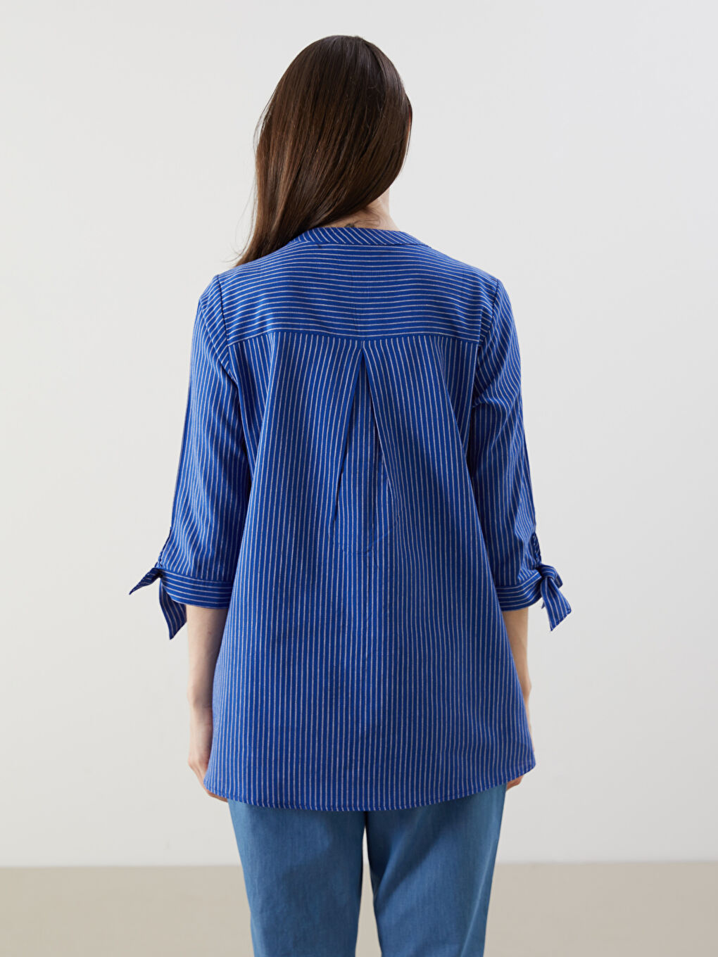 Mavi Çizgili Poplin Kadın Gömlek-3