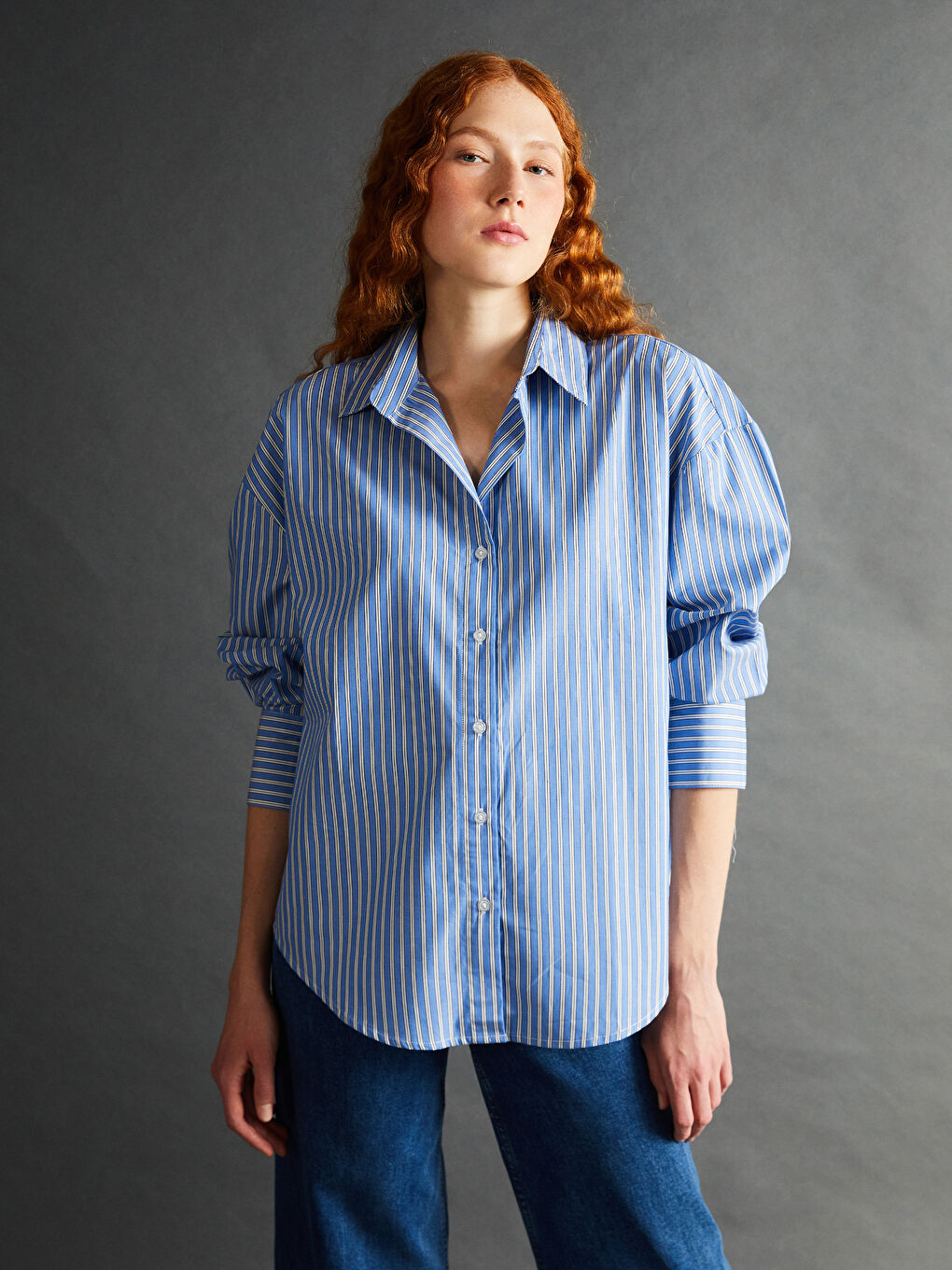 LCW Vision Striped Oversize Poplin Women's Shirt -S57184Z8-LEN