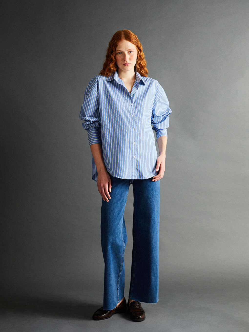 LCW Vision Striped Oversize Poplin Women's Shirt -S57184Z8-LEN
