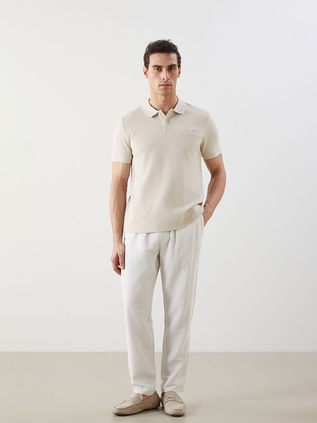 Bej Polo Yaka Kısa Kollu Erkek Tişört-1