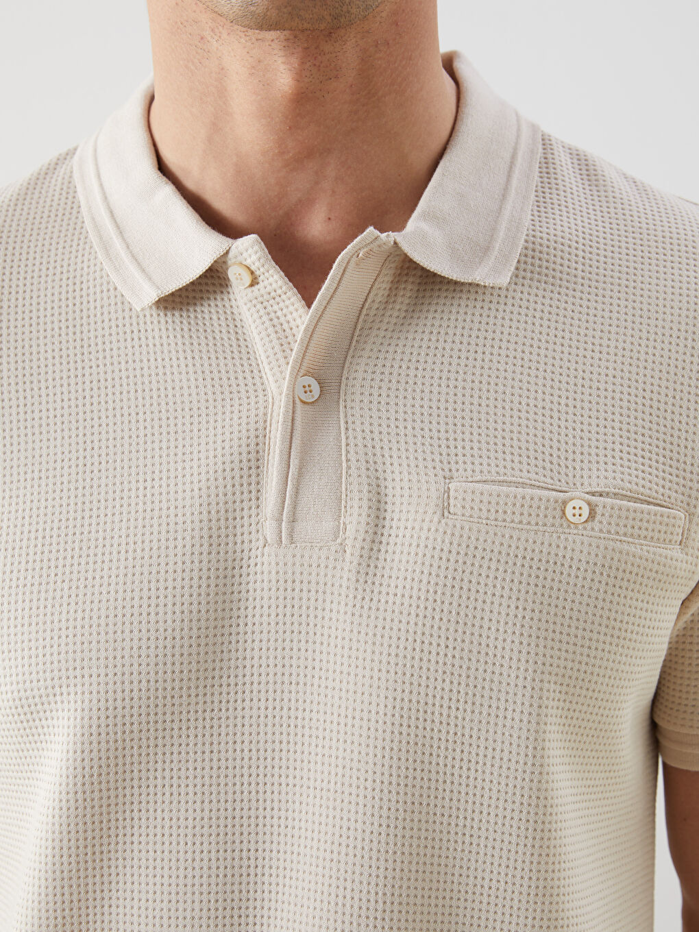 Bej Polo Yaka Kısa Kollu Erkek Tişört-2