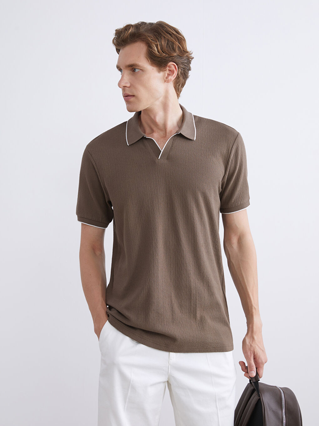 Kahverengi Polo Yaka Kısa Kollu Erkek Tişört