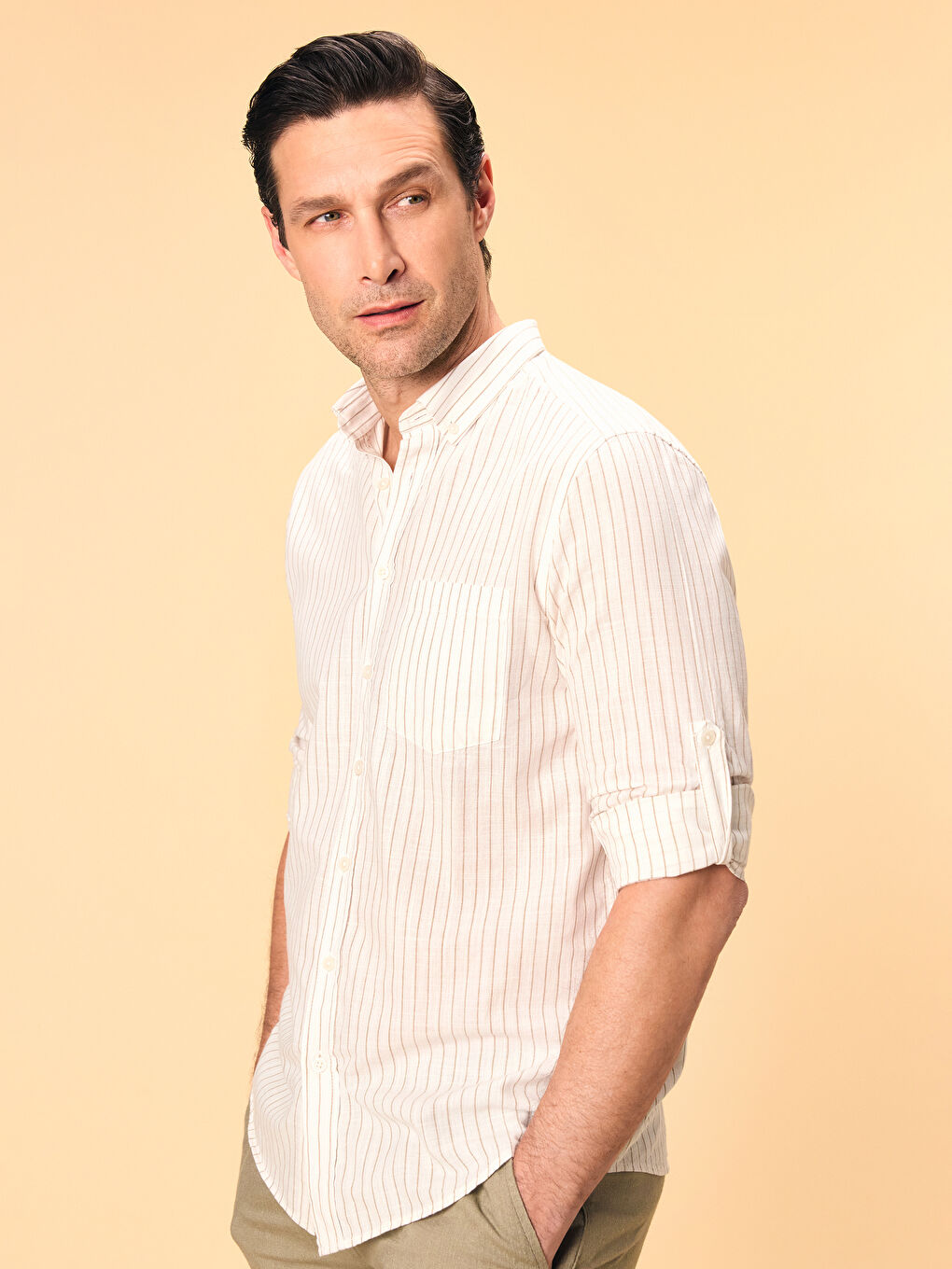 Regular Fit Long Sleeve Striped Linen Blend Men's Shirt -S57196Z8-ELZ