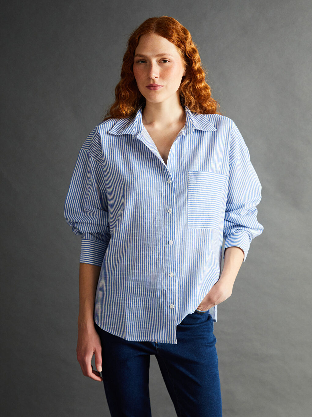 Striped Oversize Linen-Look Women's Shirt -S57207Z8-LEN