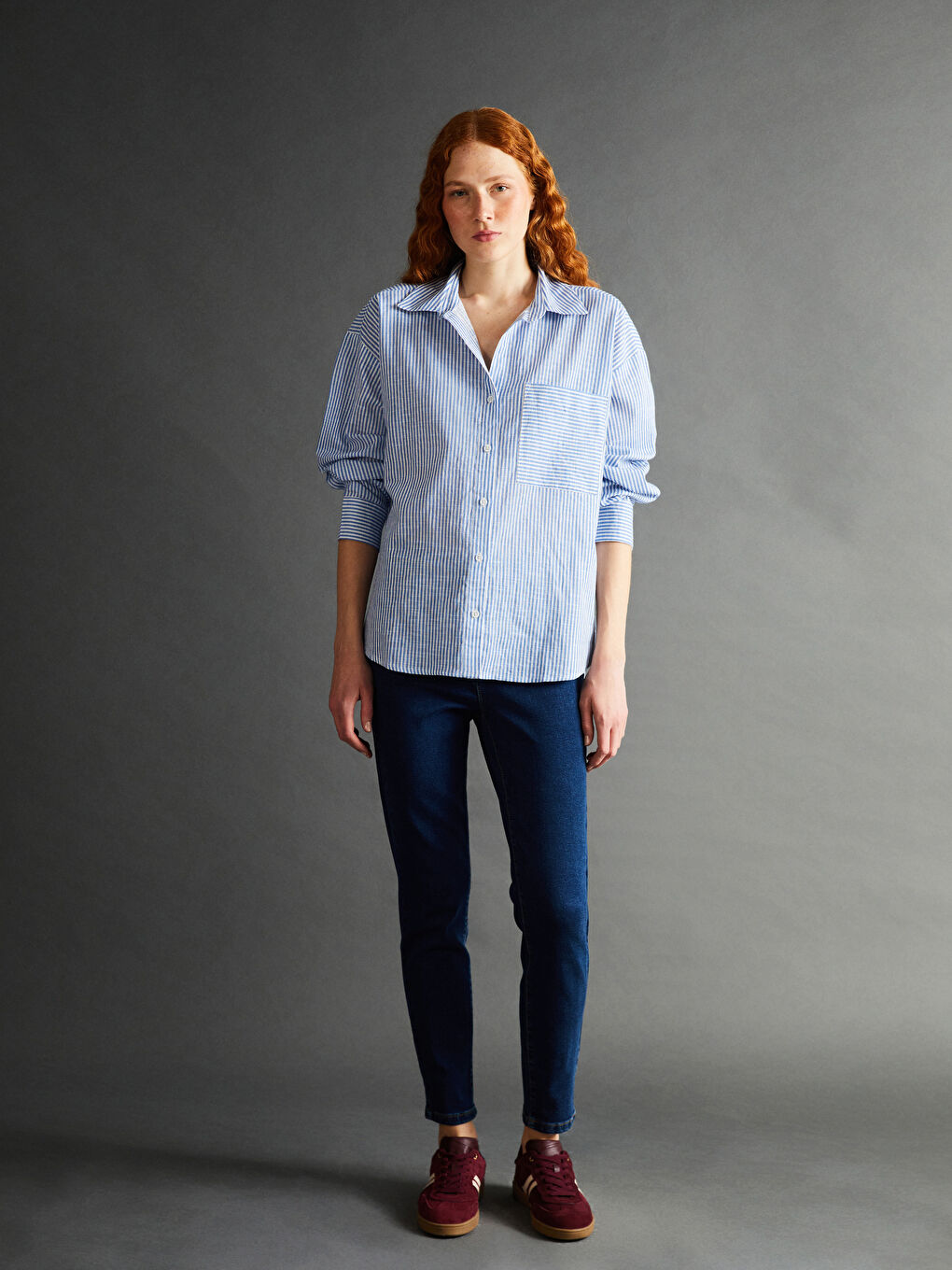 Striped Oversize Linen-Look Women's Shirt -S57207Z8-LEN